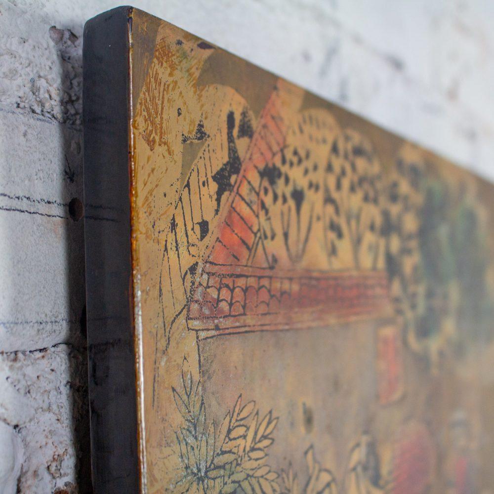 Mid to Late 20th Century Vietnamese Layered Lacquer Painting Gilt & Polychrome on Wood Village Scene Signed by Nguyen Van Minh
