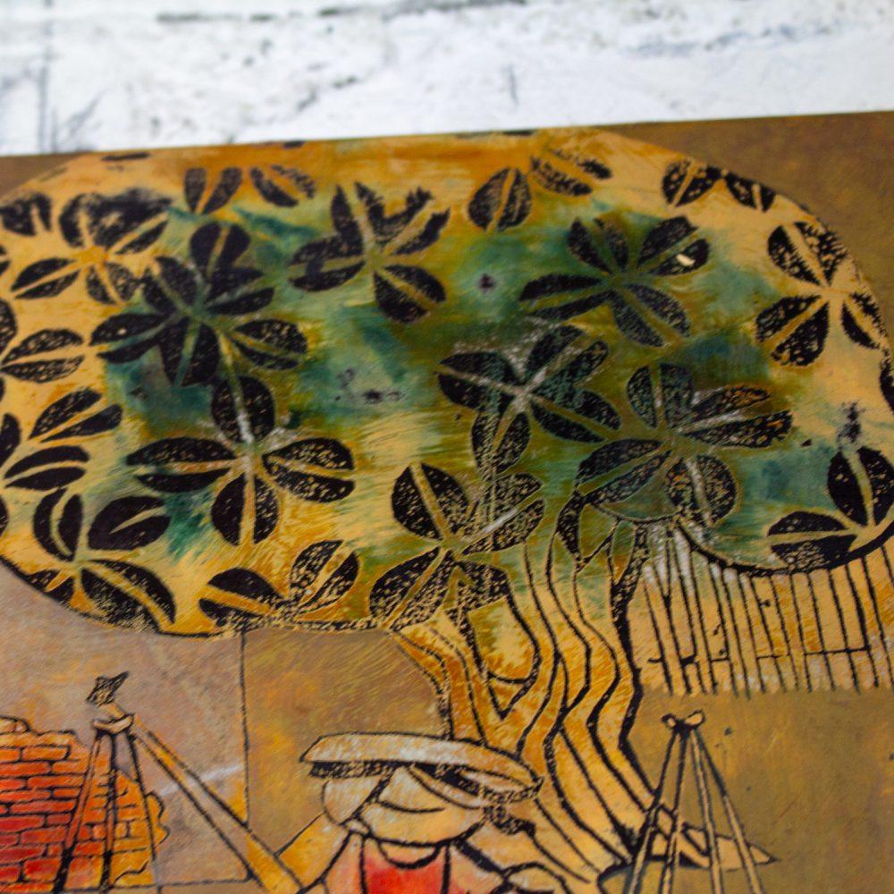 Mid to Late 20th Century Vietnamese Layered Lacquer Painting Gilt & Polychrome on Wood Village Scene Signed by Nguyen Van Minh