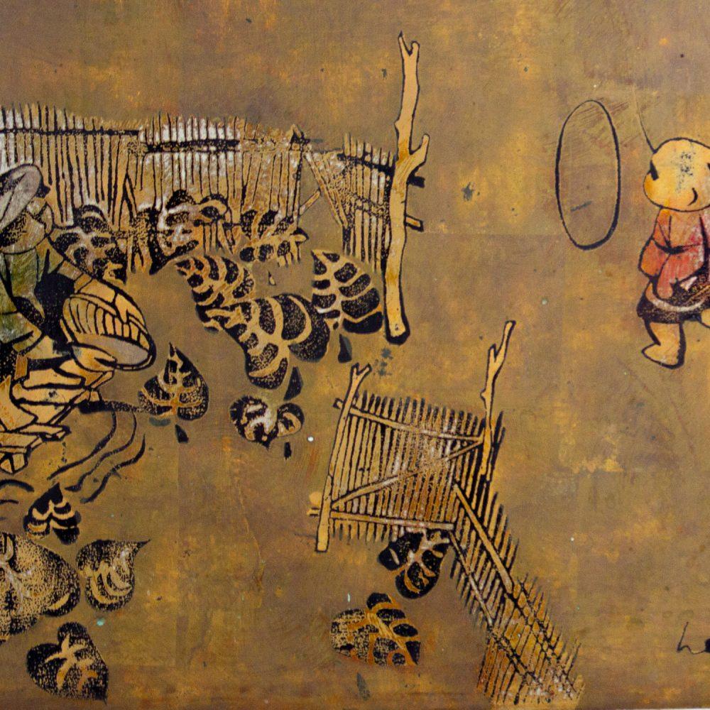 Mid to Late 20th Century Vietnamese Layered Lacquer Painting Gilt & Polychrome on Wood Village Scene Signed by Nguyen Van Minh
