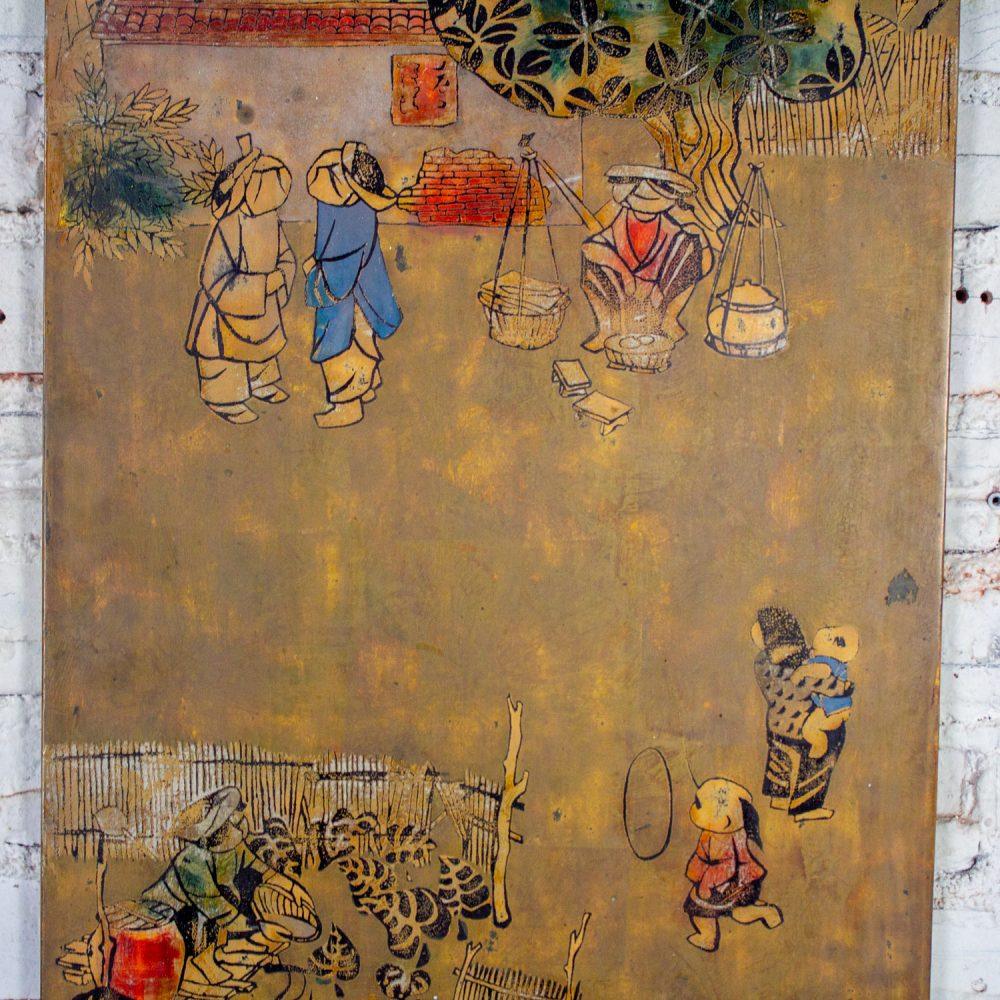 Mid to Late 20th Century Vietnamese Layered Lacquer Painting Gilt & Polychrome on Wood Village Scene Signed by Nguyen Van Minh