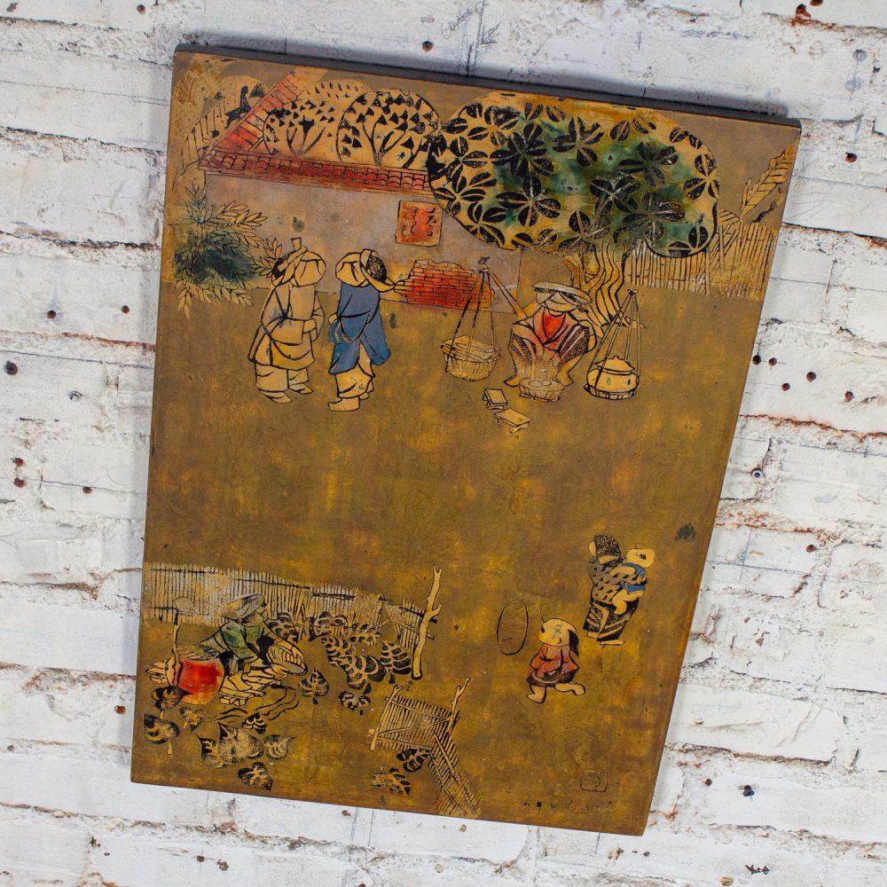 Mid to Late 20th Century Vietnamese Layered Lacquer Painting Gilt & Polychrome on Wood Village Scene Signed by Nguyen Van Minh