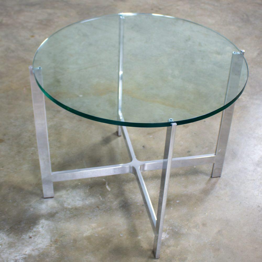 Mid to Late 20th Century MCM to Modern End or Side Table Polished Solid Aluminum Base & Round Glass Top
