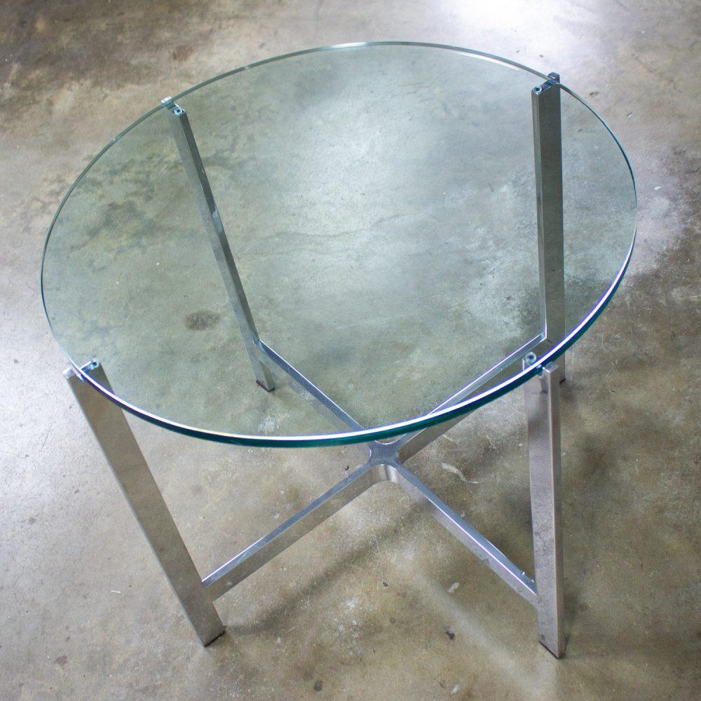 Mid to Late 20th Century MCM to Modern End or Side Table Polished Solid Aluminum Base & Round Glass Top