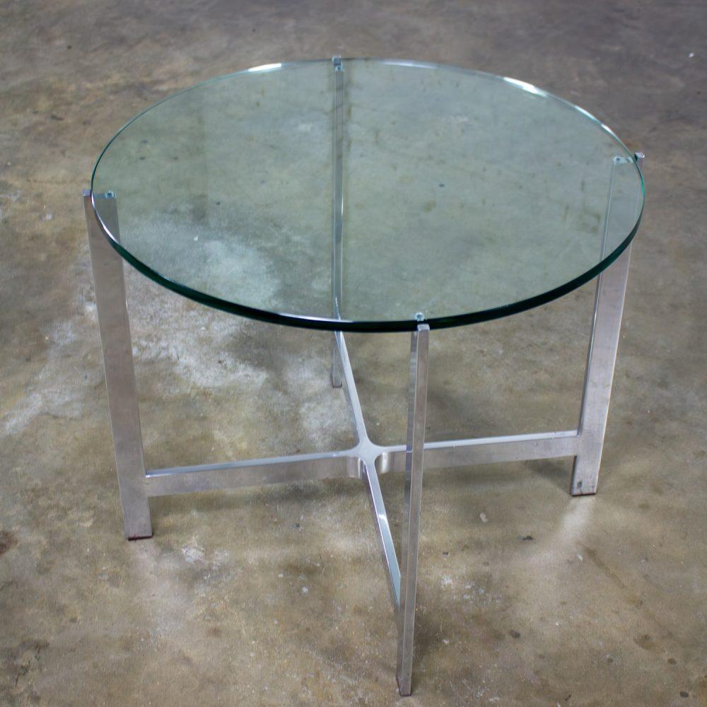 Mid to Late 20th Century MCM to Modern End or Side Table Polished Solid Aluminum Base & Round Glass Top