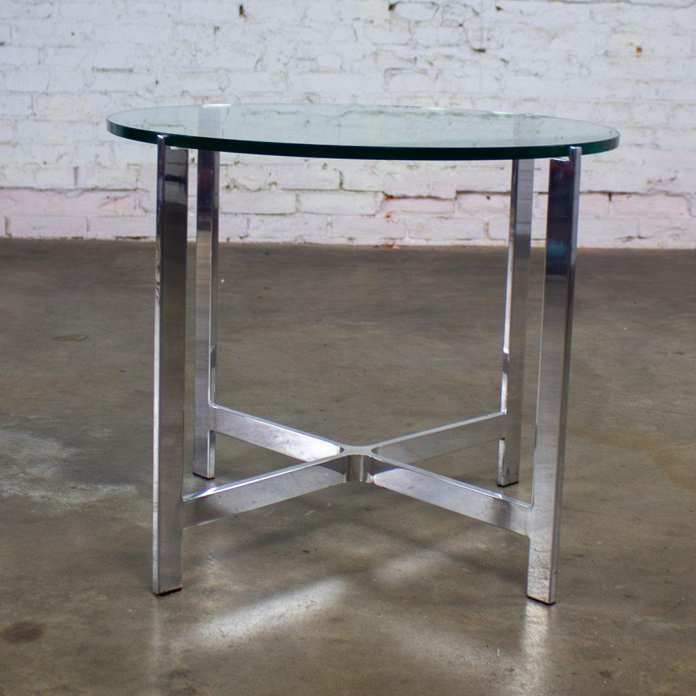 Mid to Late 20th Century MCM to Modern End or Side Table Polished Solid Aluminum Base & Round Glass Top