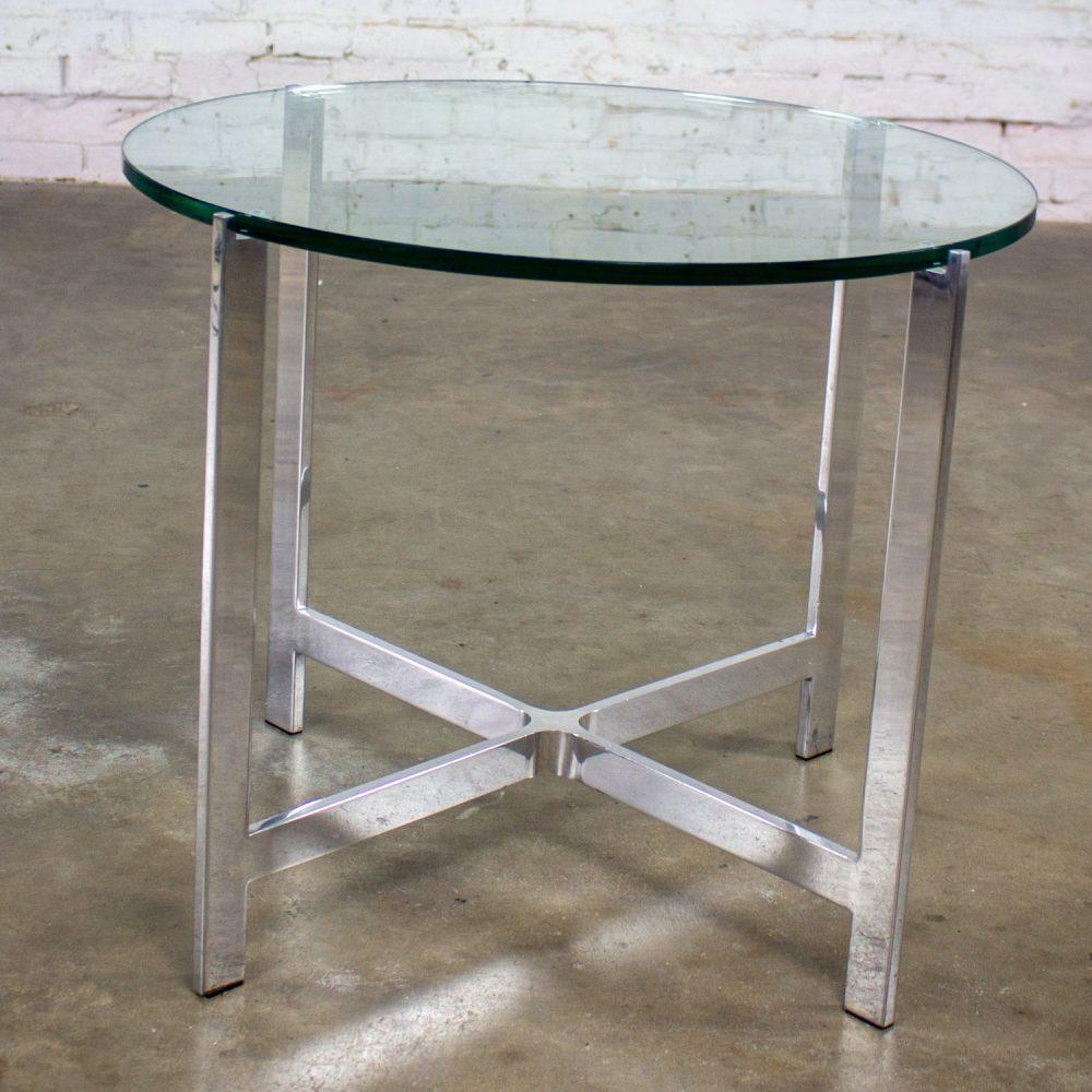 Mid to Late 20th Century MCM to Modern End or Side Table Polished Solid Aluminum Base & Round Glass Top