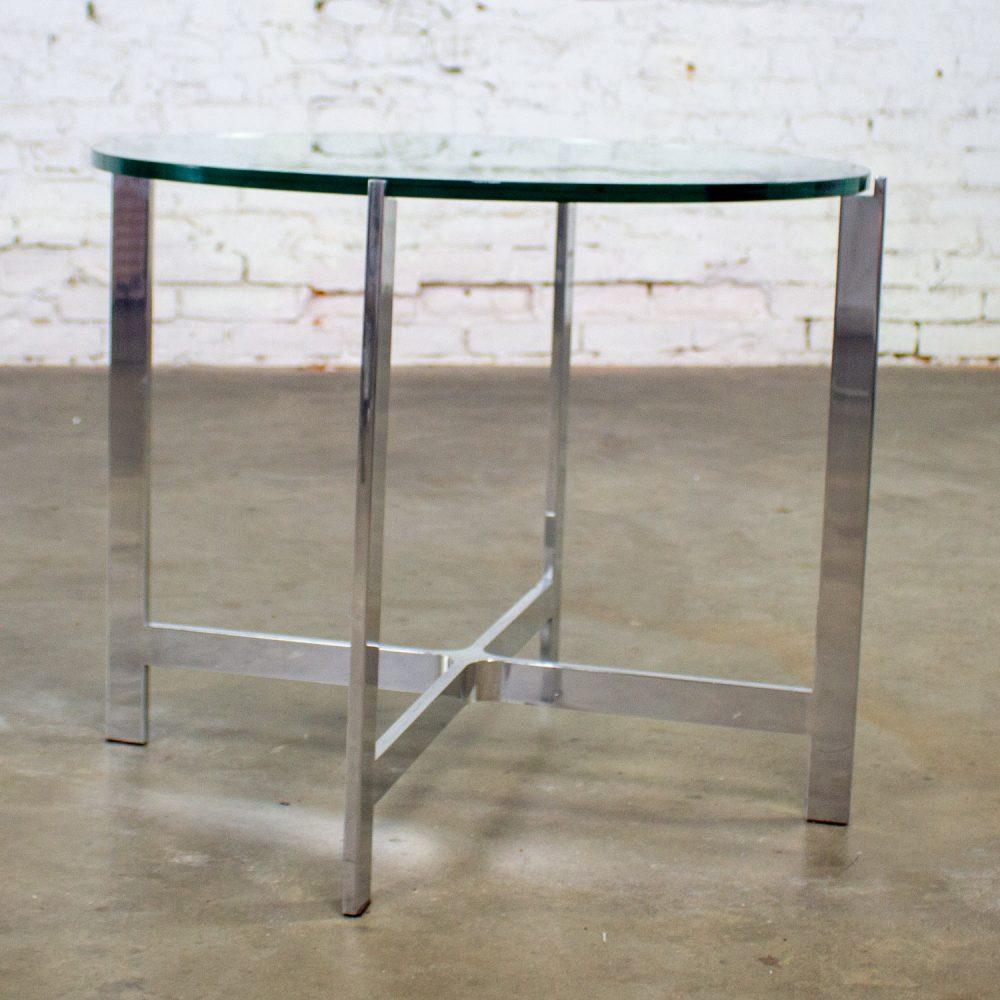 Mid to Late 20th Century MCM to Modern End or Side Table Polished Solid Aluminum Base & Round Glass Top
