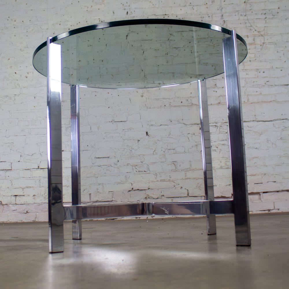 Mid to Late 20th Century MCM to Modern End or Side Table Polished Solid Aluminum Base & Round Glass Top