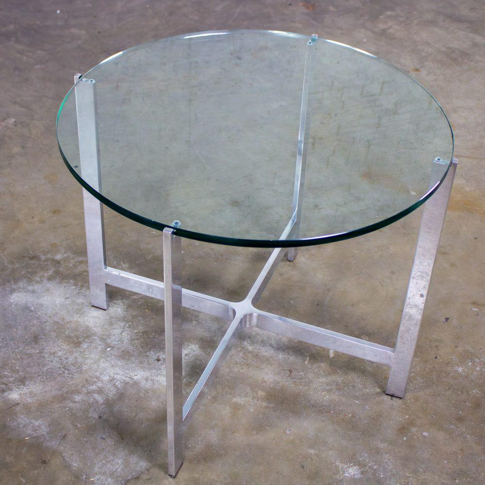 Mid to Late 20th Century MCM to Modern End or Side Table Polished Solid Aluminum Base & Round Glass Top