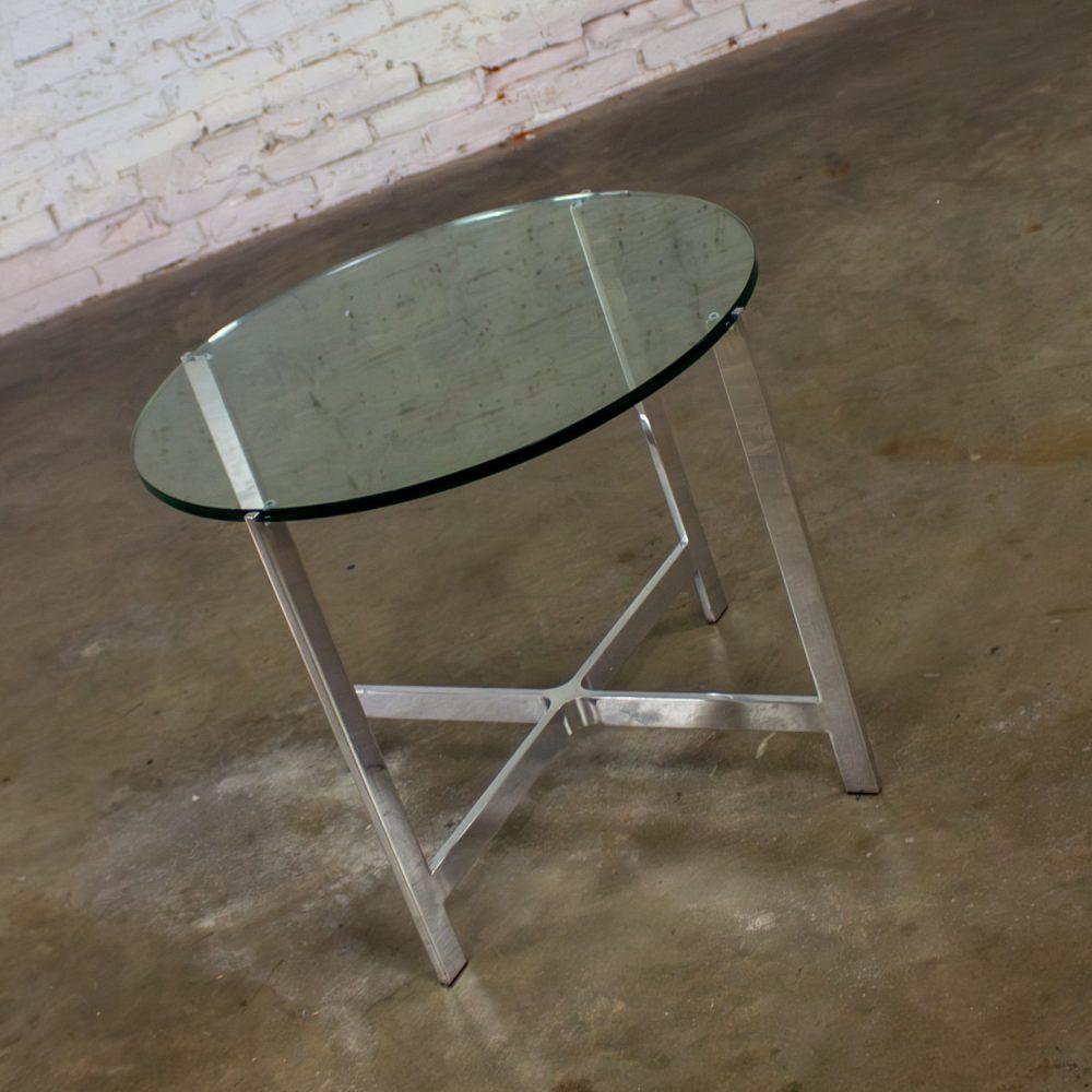 Mid to Late 20th Century MCM to Modern End or Side Table Polished Solid Aluminum Base & Round Glass Top