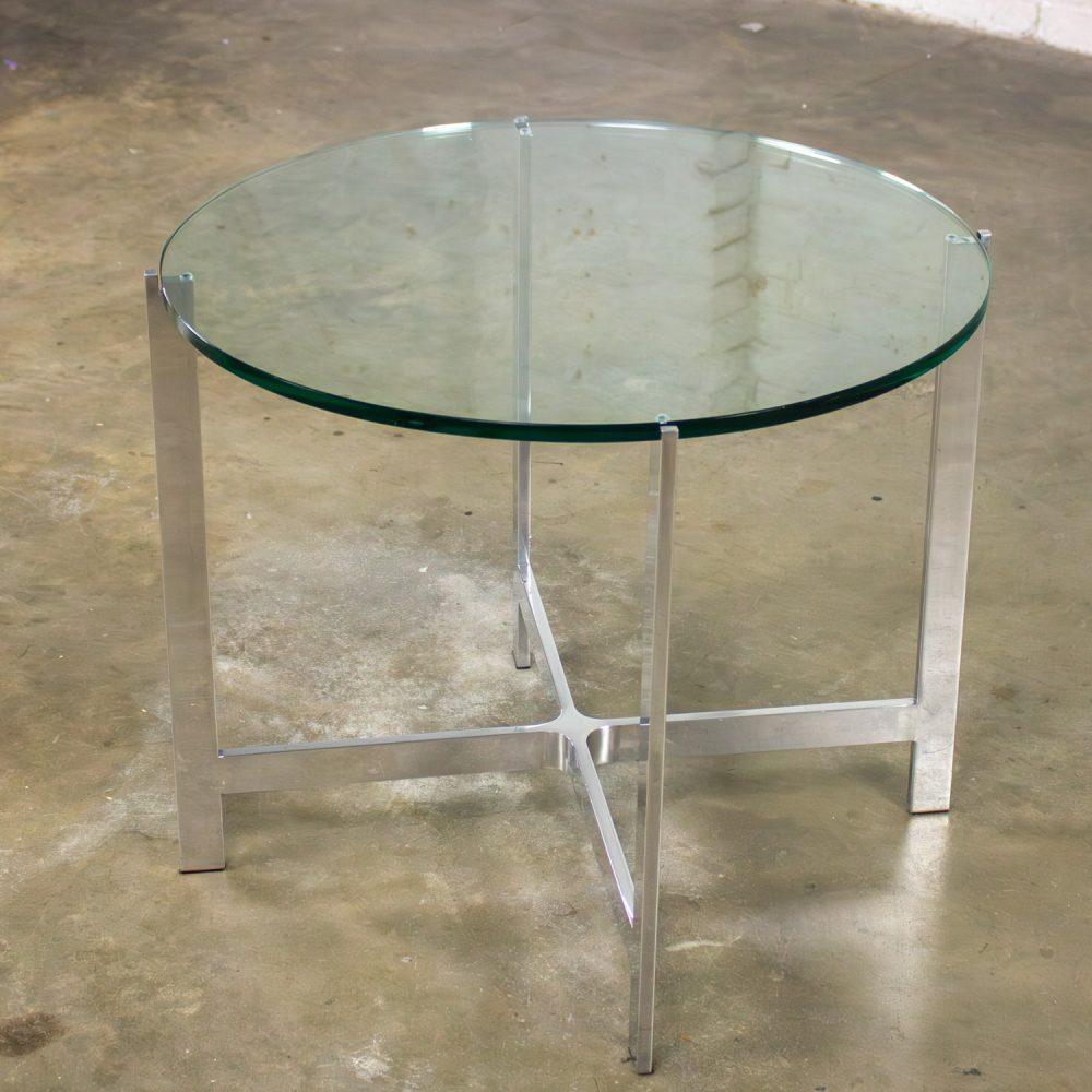 Mid to Late 20th Century MCM to Modern End or Side Table Polished Solid Aluminum Base & Round Glass Top