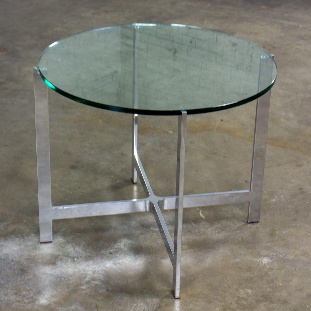 Mid to Late 20th Century MCM to Modern End or Side Table Polished Solid Aluminum Base & Round Glass Top