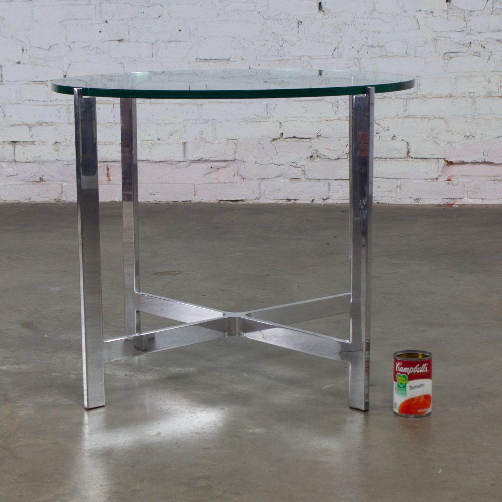 Mid to Late 20th Century MCM to Modern End or Side Table Polished Solid Aluminum Base & Round Glass Top