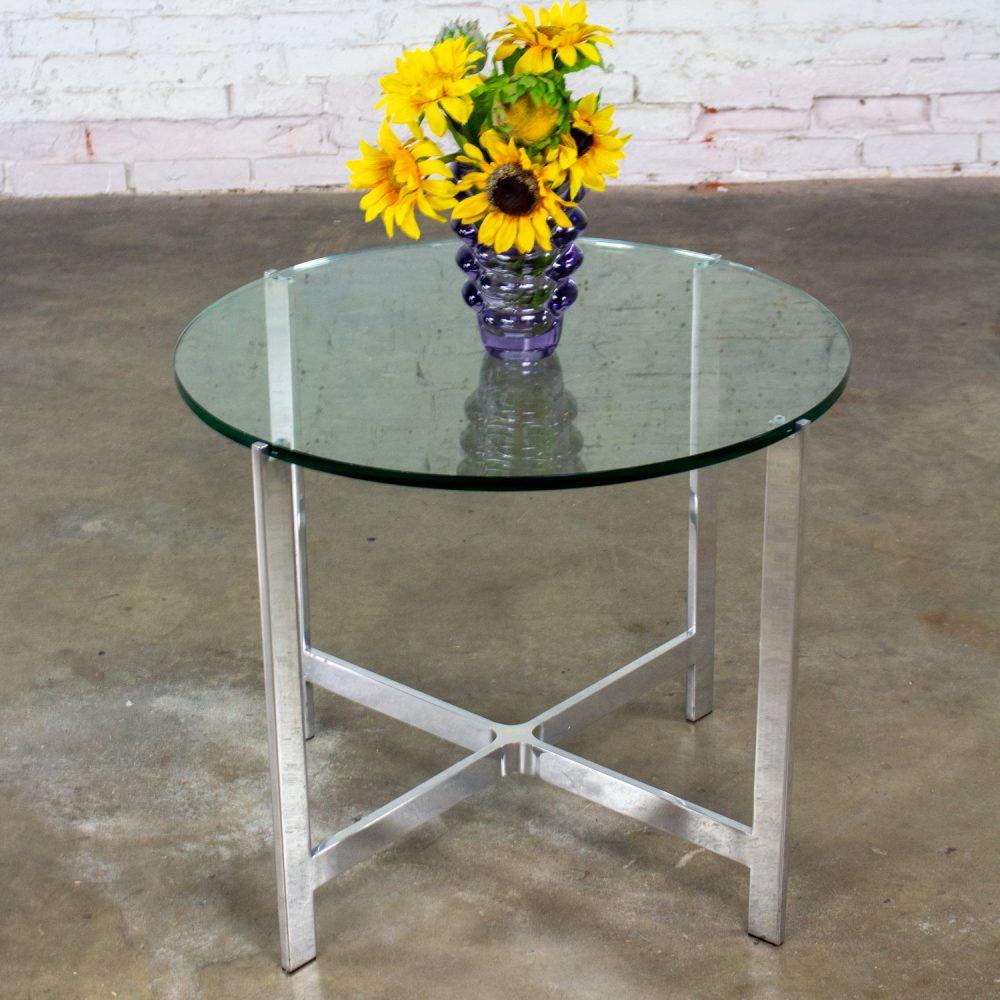 Mid to Late 20th Century MCM to Modern End or Side Table Polished Solid Aluminum Base & Round Glass Top