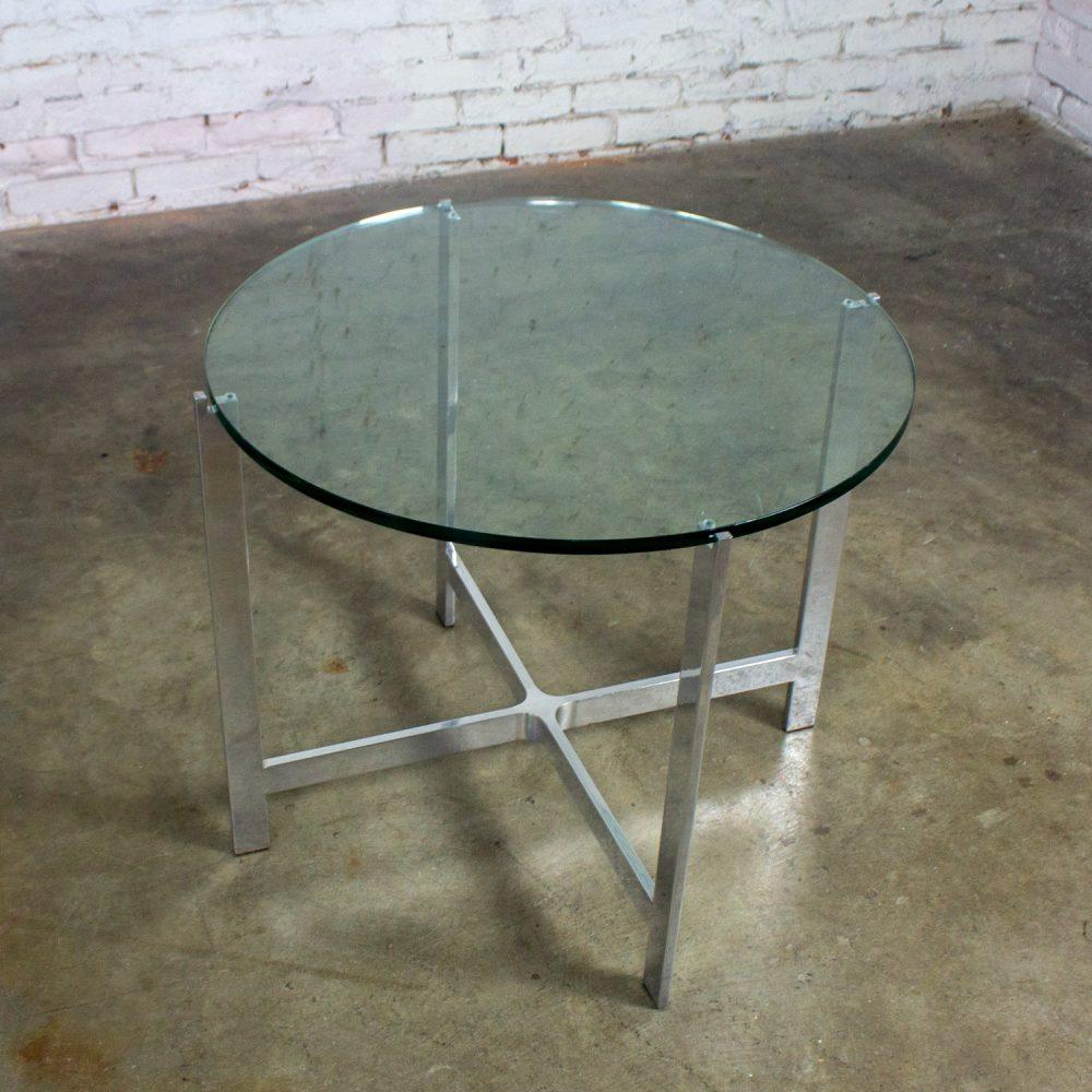 Mid to Late 20th Century MCM to Modern End or Side Table Polished Solid Aluminum Base & Round Glass Top