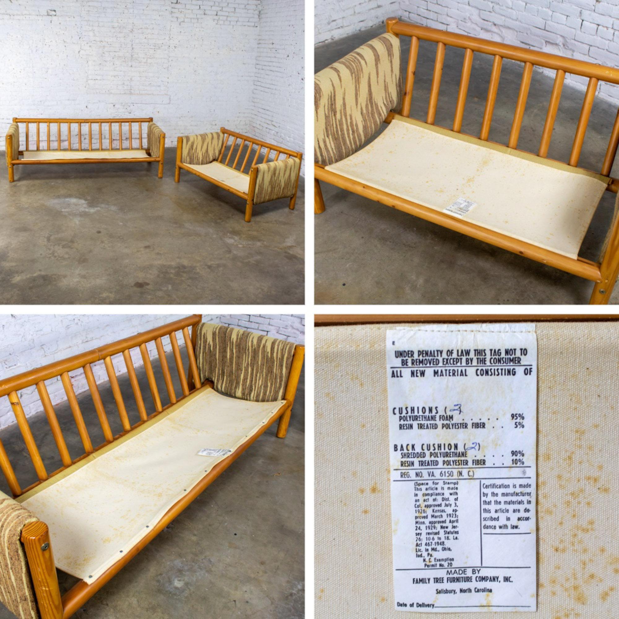 Mid to Late 20th Century MCM to Modern Sofa & Loveseat Set Solid Pine Log Frames & Canvas Slings w/Flame Stitch Fabric