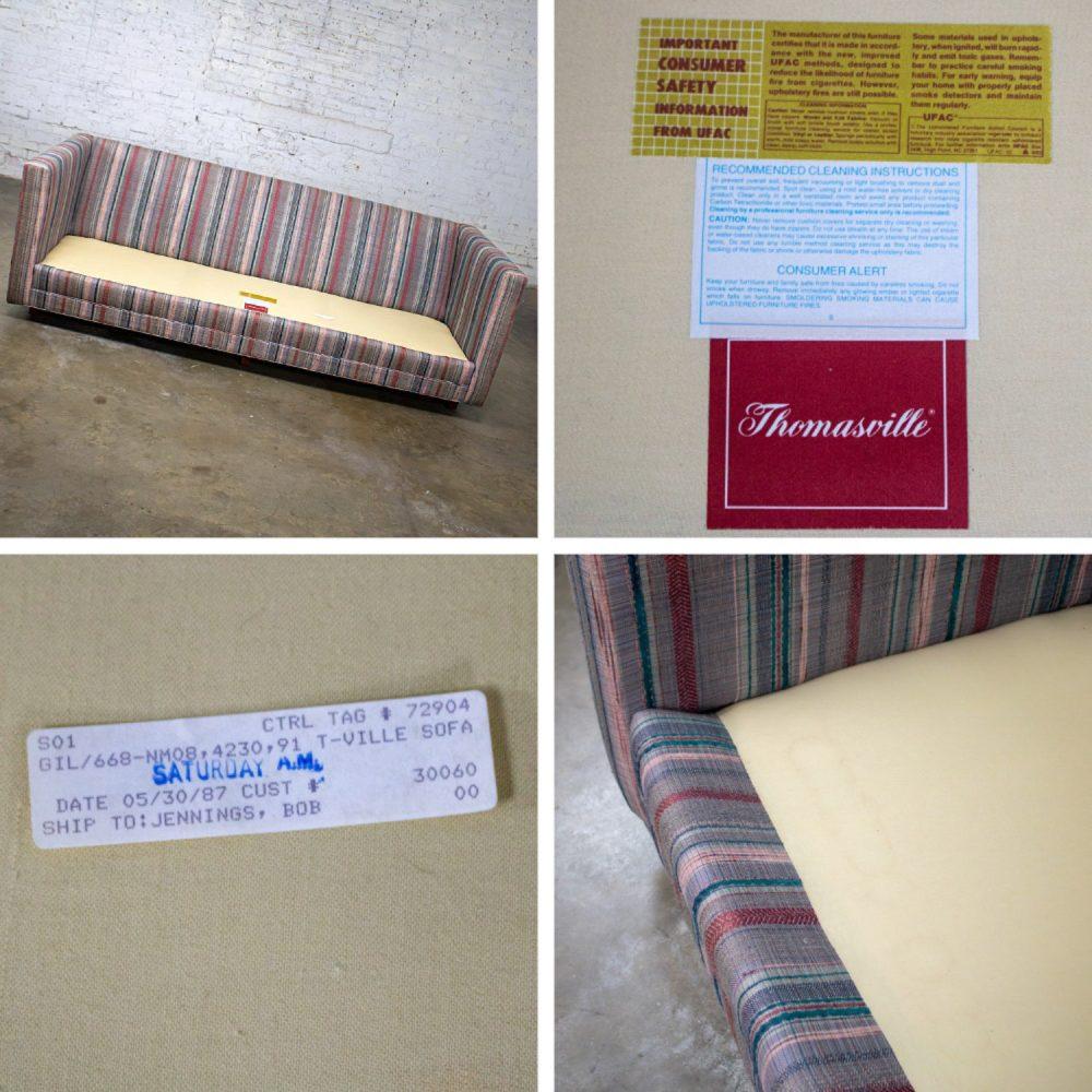 1987 Modern Tuxedo Style Sofa by Thomasville Navy, Gray, Lavender, & Red Striped Upholstery