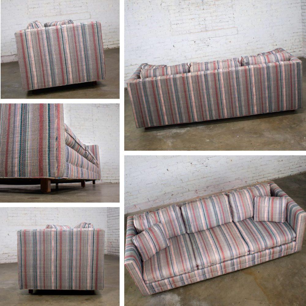 1987 Modern Tuxedo Style Sofa by Thomasville Navy, Gray, Lavender, & Red Striped Upholstery
