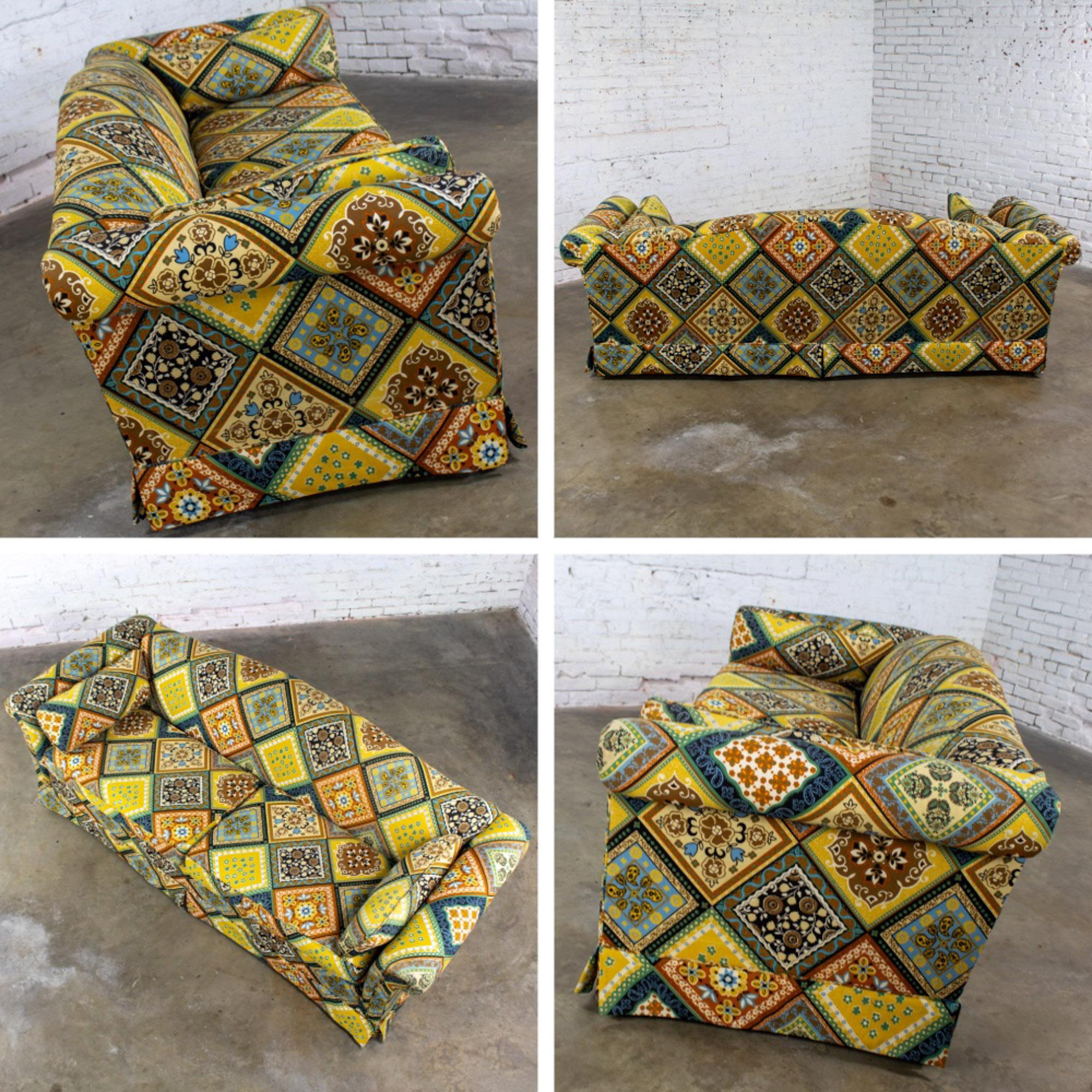 Late 20th Century Camelback Sofa w/Multicolored Patchwork Fabric & Tight Back by Rowe Furniture