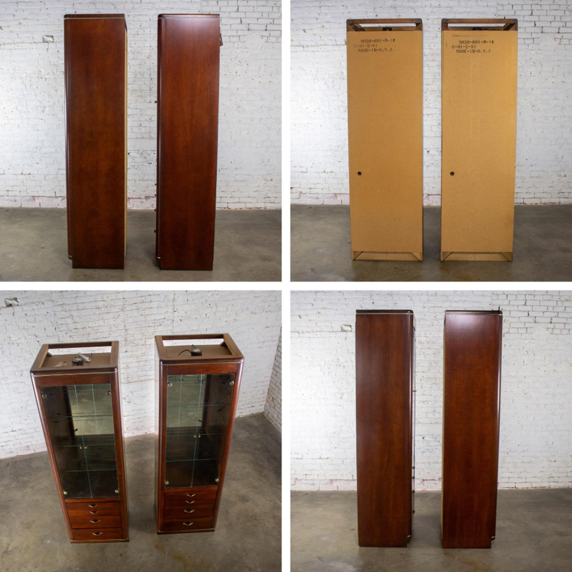 Late 20th Century Modern Pair Lighted Display Cabinets by Bassett Furniture Cherrywood & Brass