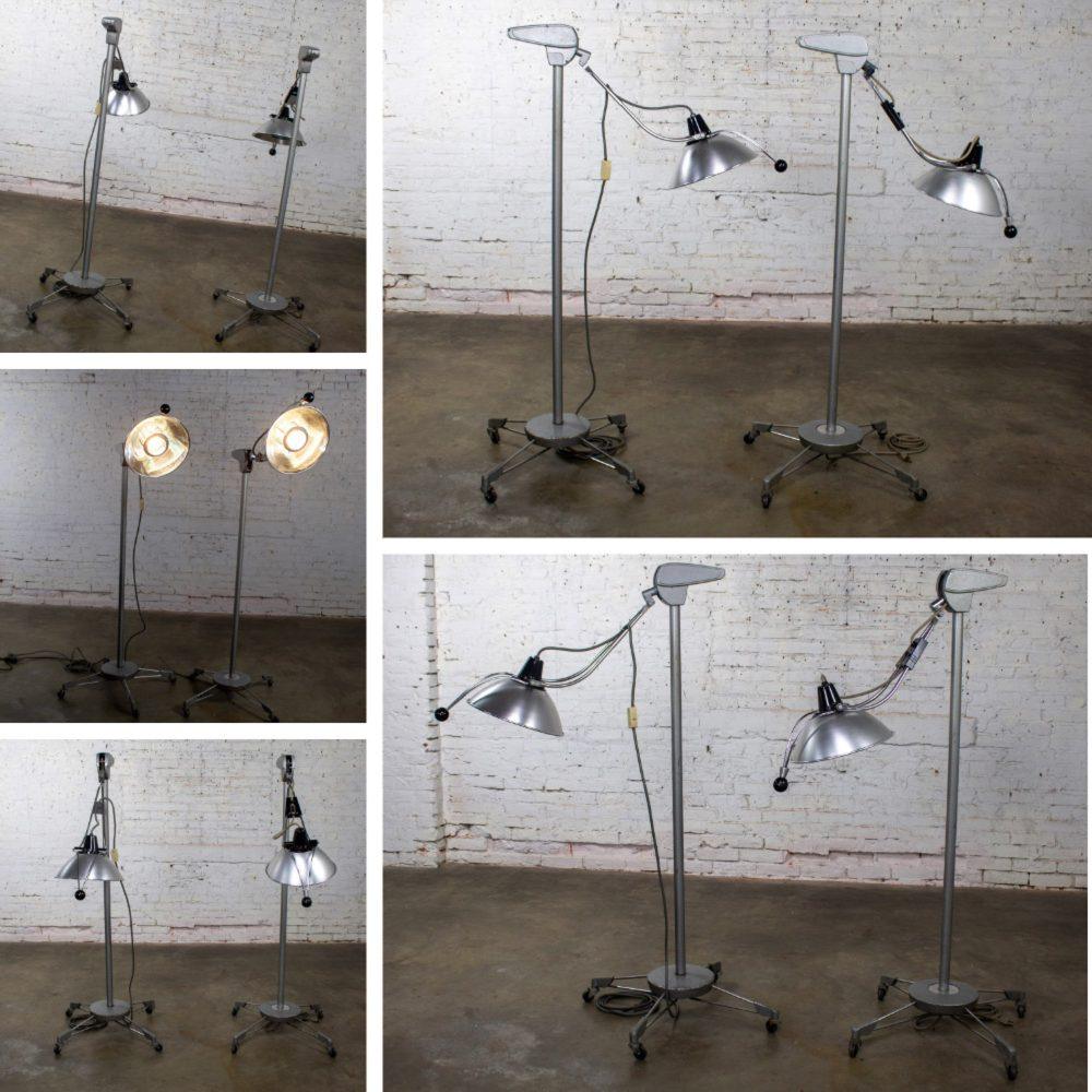 Mid-20th Century Industrial Surgical Floor Lamps Metal Frames & 4 Prong Bases w/Casters by Wilmot Castle Co.