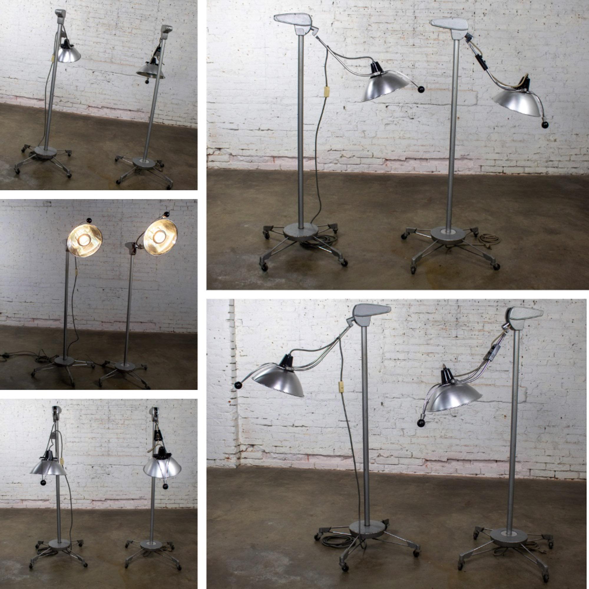 Mid-20th Century Industrial Surgical Floor Lamps Metal Frames & 4 Prong Bases w/Casters by Wilmot Castle Co.