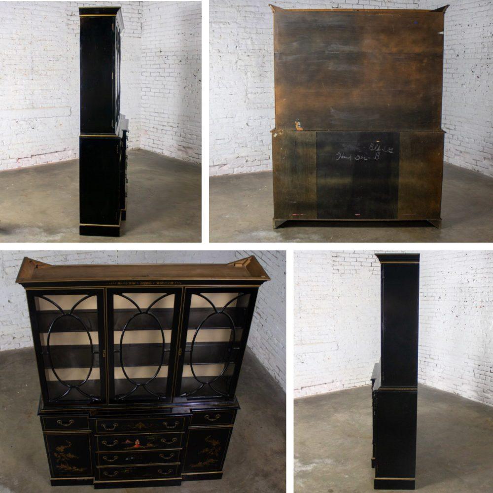 Mid-20th Century Chinoiserie Breakfront China Cabinet or Drop Front Secretary Bookcase Black Lacquer & Hand Painted Details