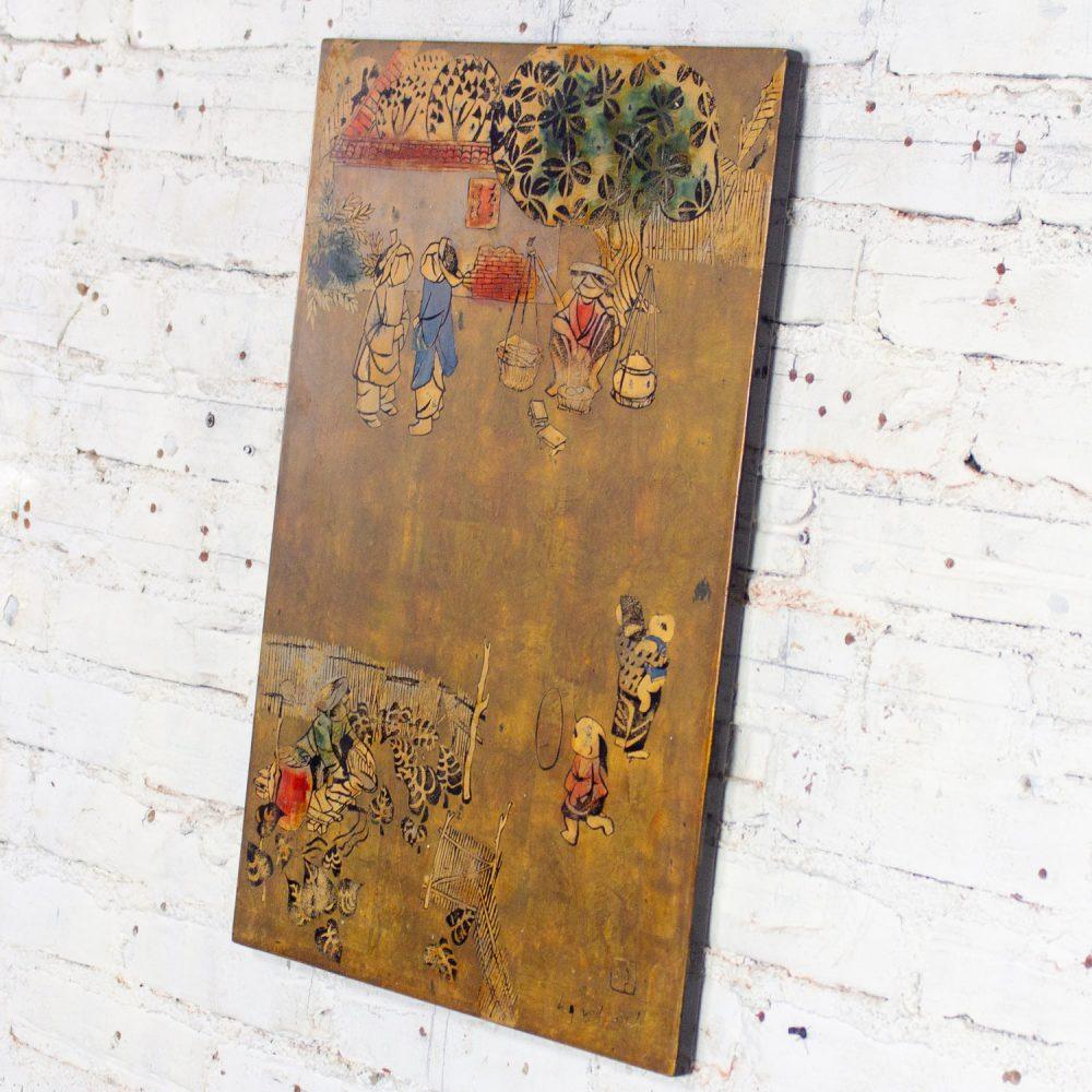 Mid to Late 20th Century Vietnamese Layered Lacquer Painting Gilt & Polychrome on Wood Village Scene Signed by Nguyen Van Minh