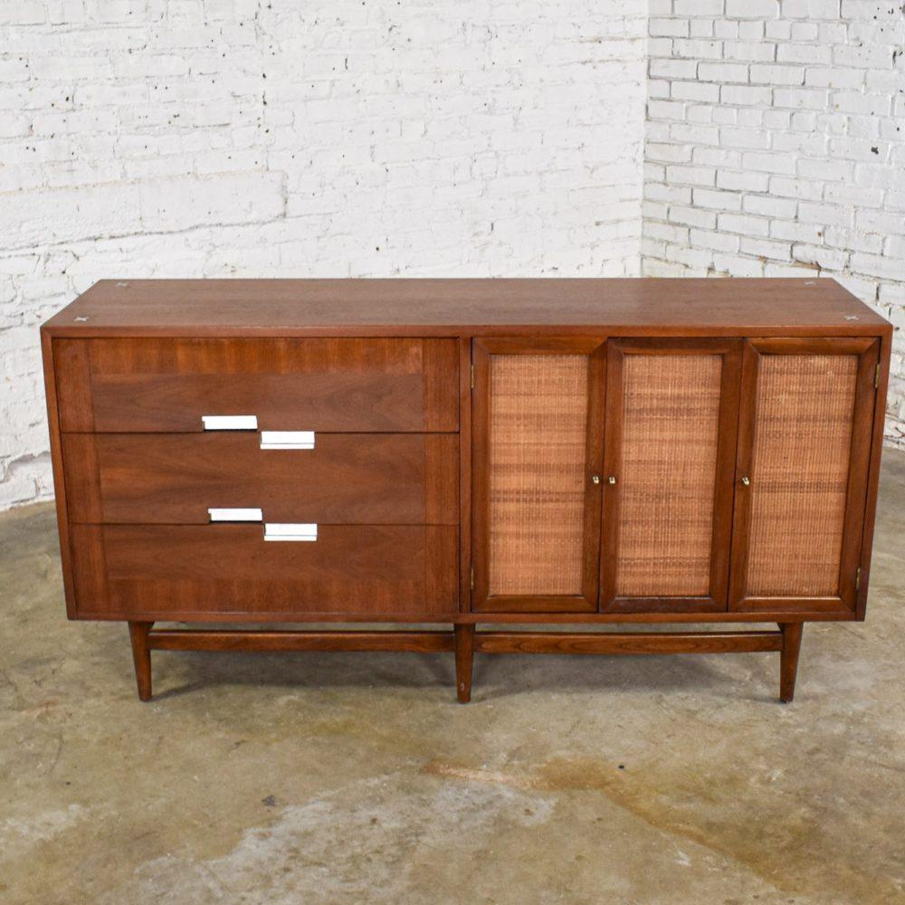 Mid-20th Century Mid-Century Modern Dresser American of Martinsville Accord Walnut & Cane w/ X’s & Asymmetric Handles