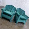 1980’s Art Deco Revival Hollywood Regency Channeled Fan Back Club Chairs w/Teal Chenille Fabric by Perfection Furniture, a Pair