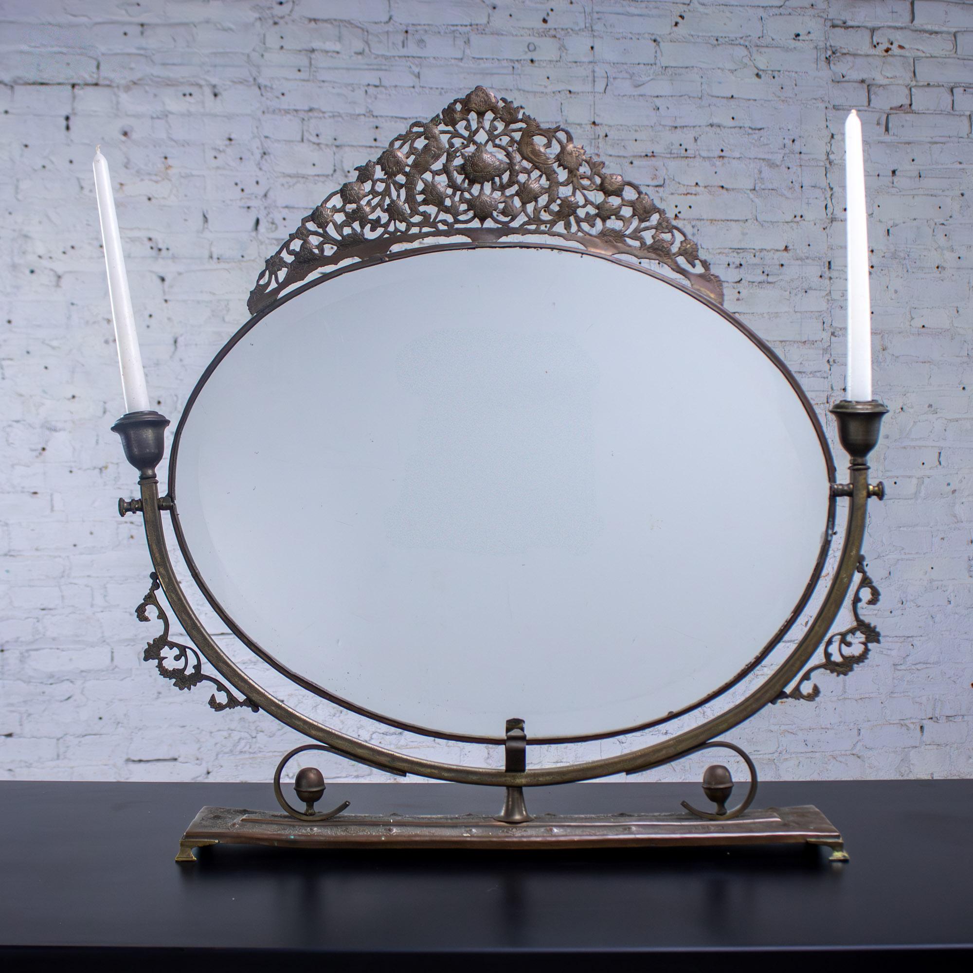 Late 19th to Early 20th Century Art Nouveau Metal Tabletop Vanity Oval Beveled Mirror w/Candle Holders