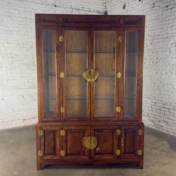 Late 20th Century Campaign or Chinoiserie Style Lighted China Hutch by Bernhardt Dark Oak & Brass