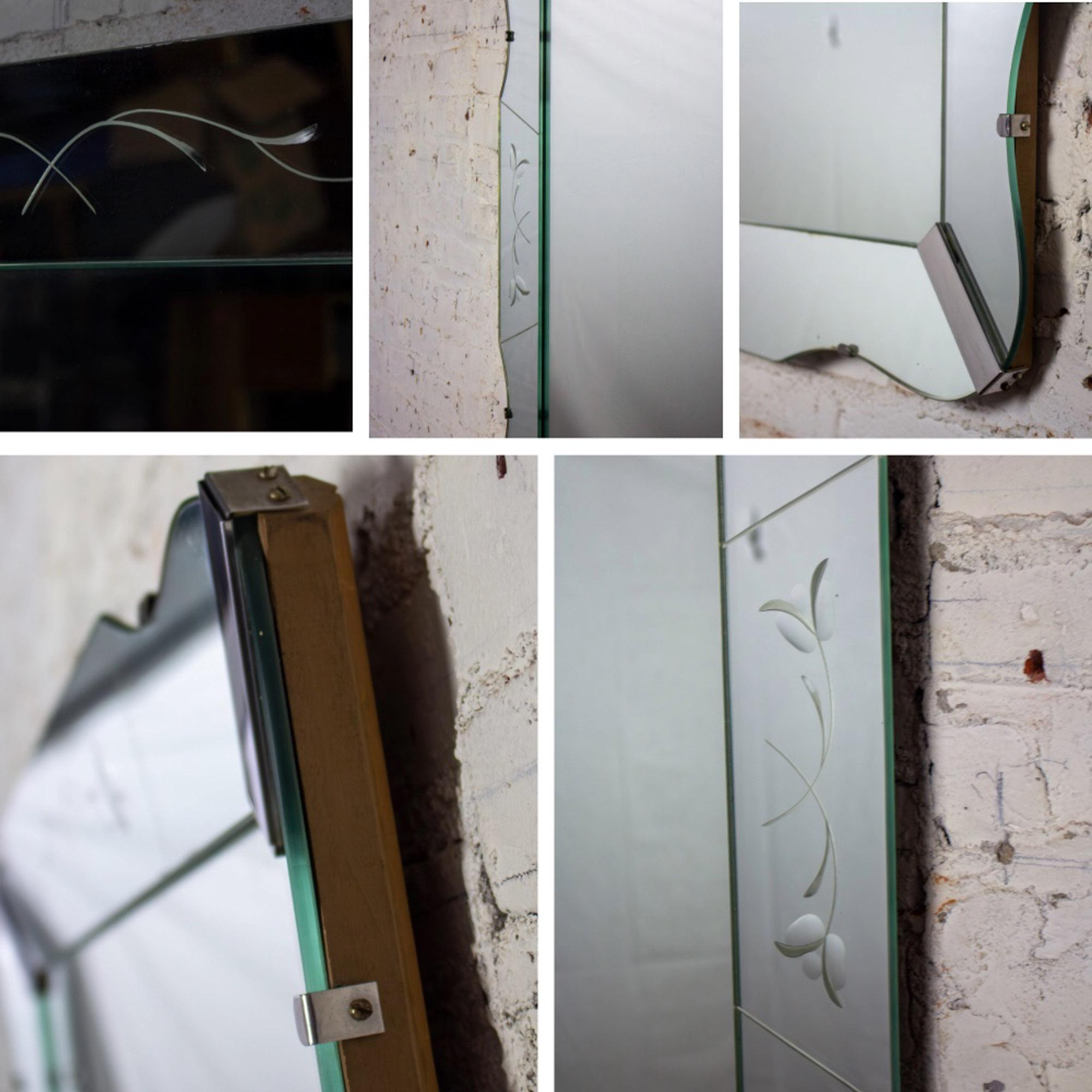 1930-1950’s Art Deco Large Wall Mirror Rectangular w/Curved Sides & Etched Venetian Glass