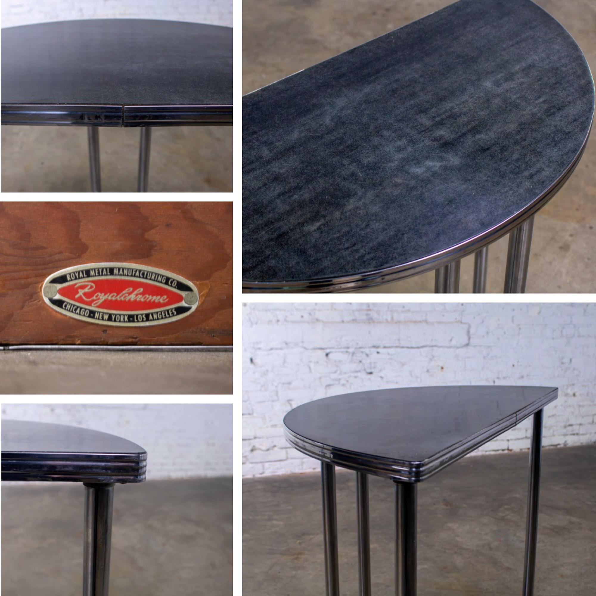 1920-1940’s Art Deco Streamline Moderne Royalchrome Demilune Side Table Chrome Tube Frame & Black Laminate Top