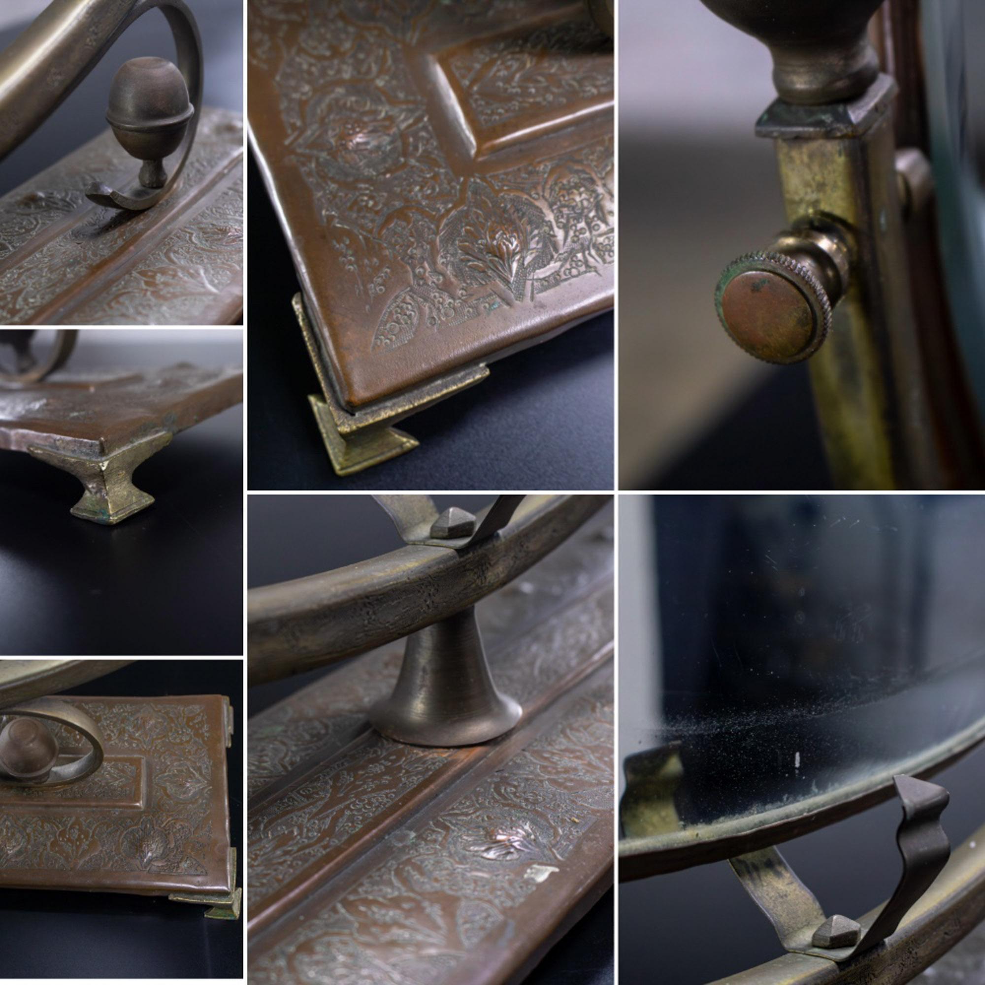 Late 19th to Early 20th Century Art Nouveau Metal Tabletop Vanity Oval Beveled Mirror w/Candle Holders