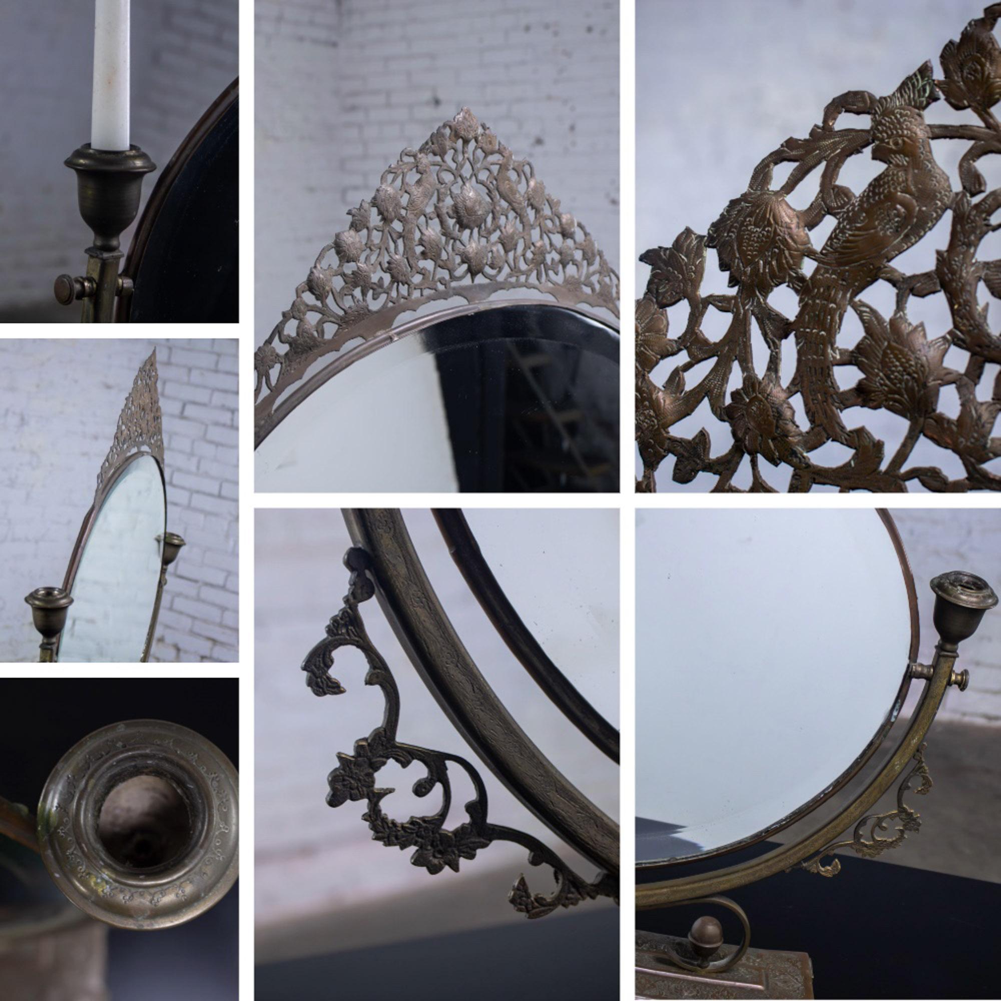 Late 19th to Early 20th Century Art Nouveau Metal Tabletop Vanity Oval Beveled Mirror w/Candle Holders
