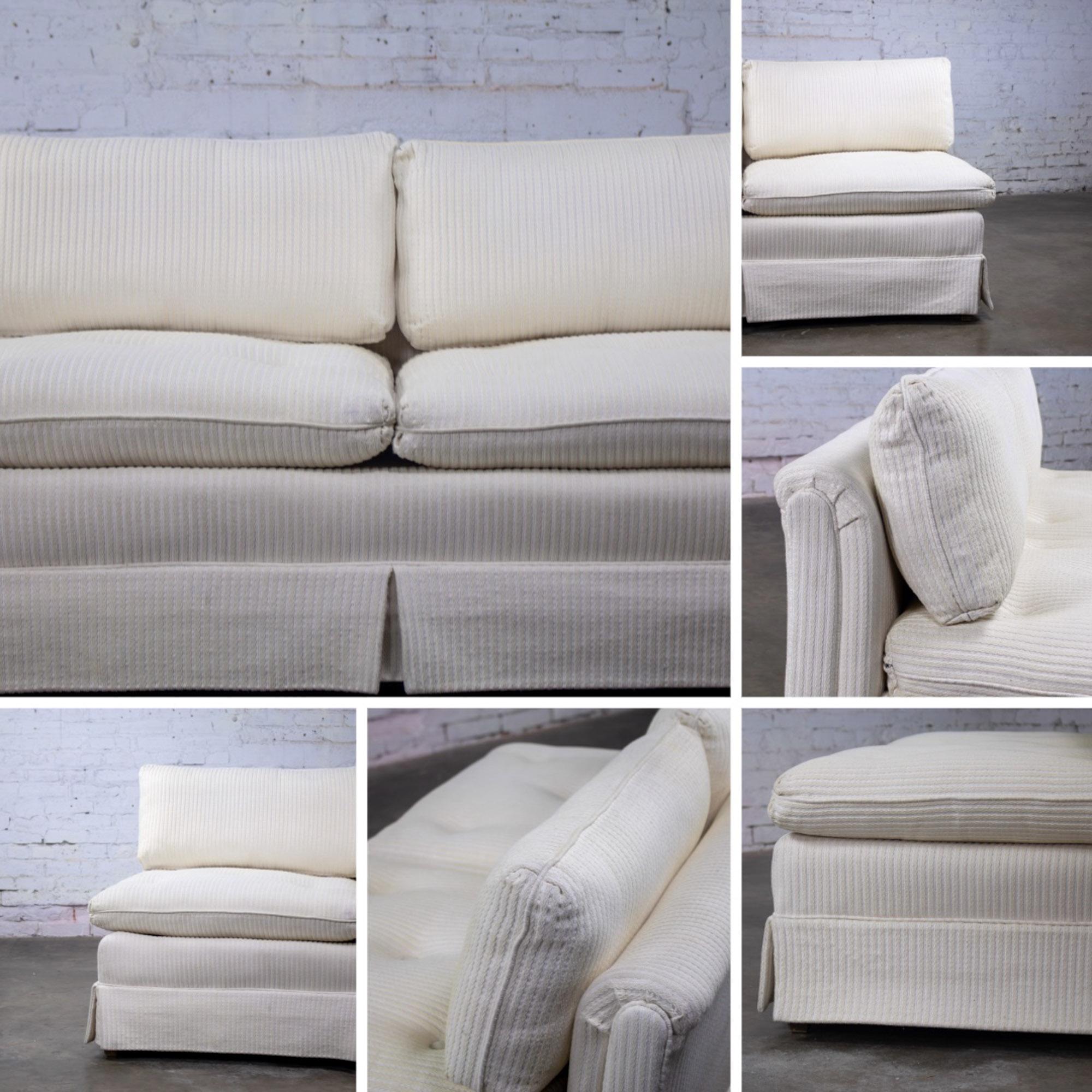 Late 20th Century MCM to Modern Slipper Style Loveseat or Armless Sofa Off White Textured Stripe Upholstery