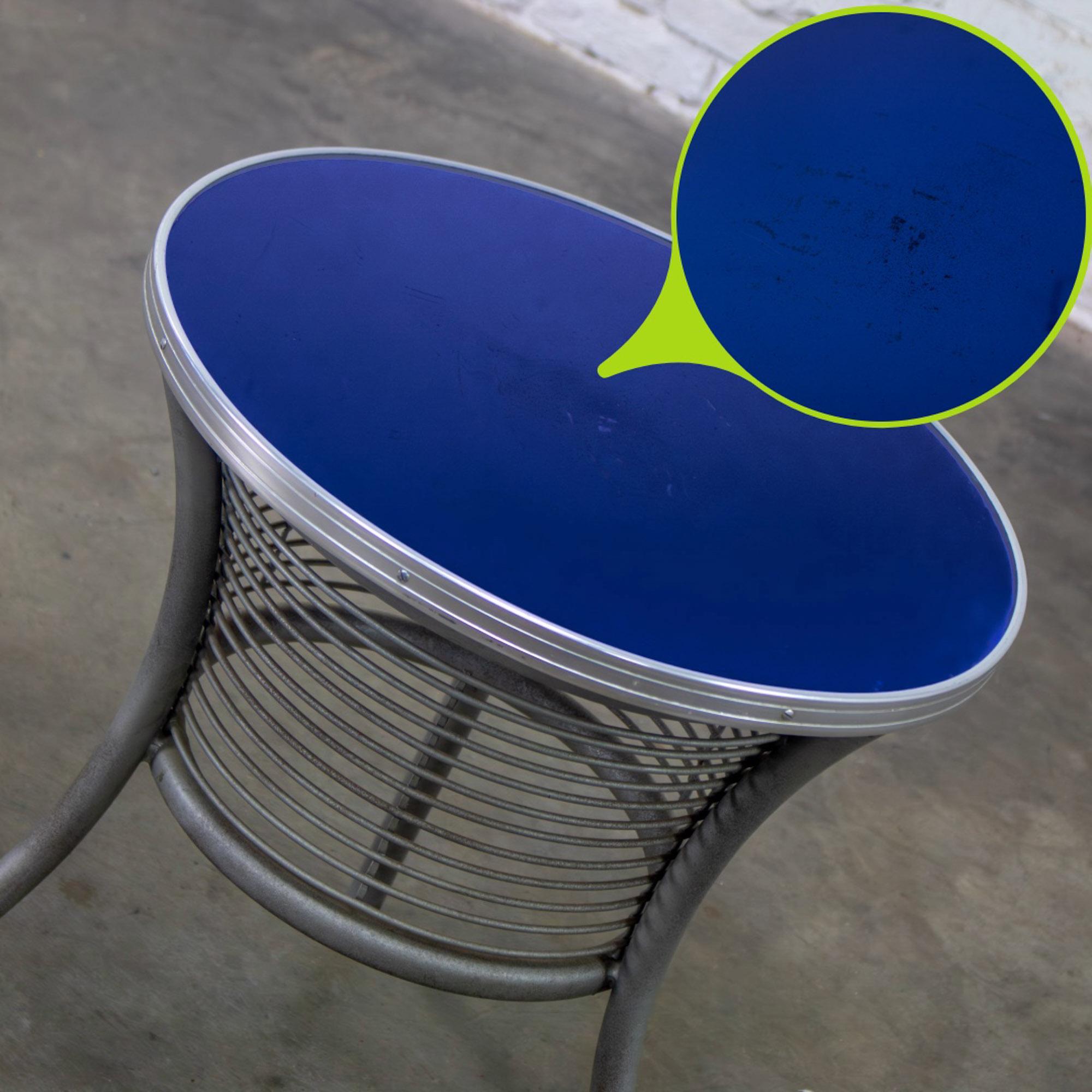 20th Century Streamline & Art Moderne End or Side Table w/ Steel Frame & Round Cobalt Blue Mirror Top