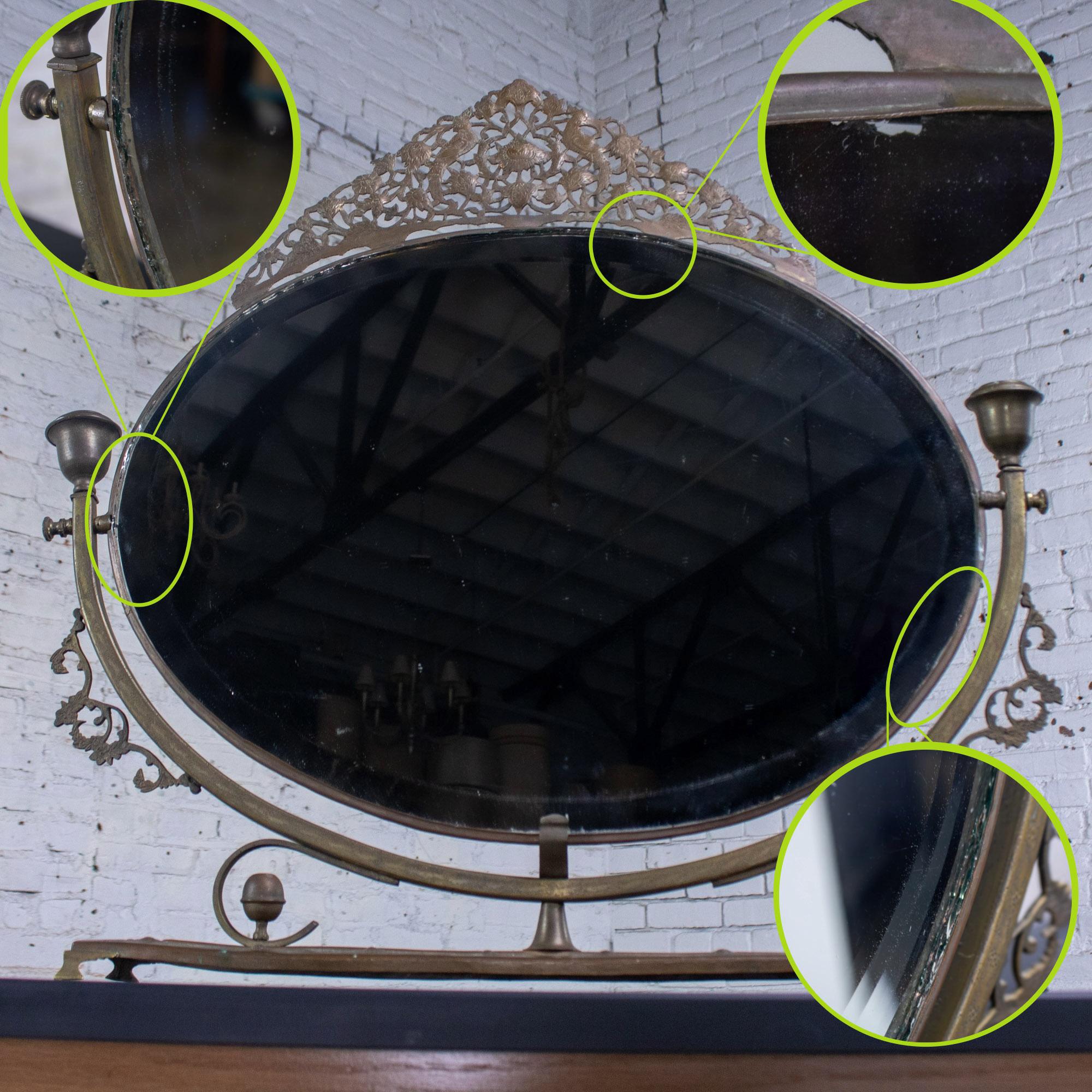 Late 19th to Early 20th Century Art Nouveau Metal Tabletop Vanity Oval Beveled Mirror w/Candle Holders
