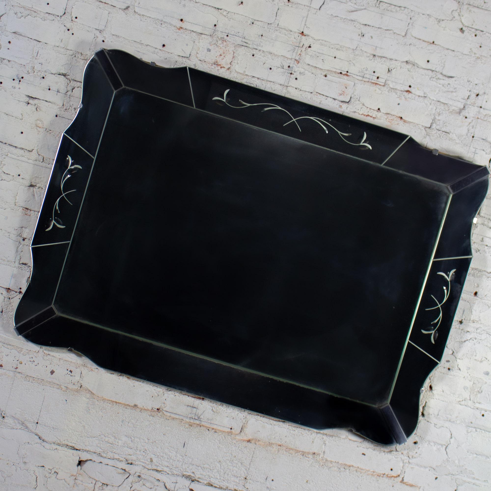 1930-1950’s Art Deco Large Wall Mirror Rectangular w/Curved Sides & Etched Venetian Glass