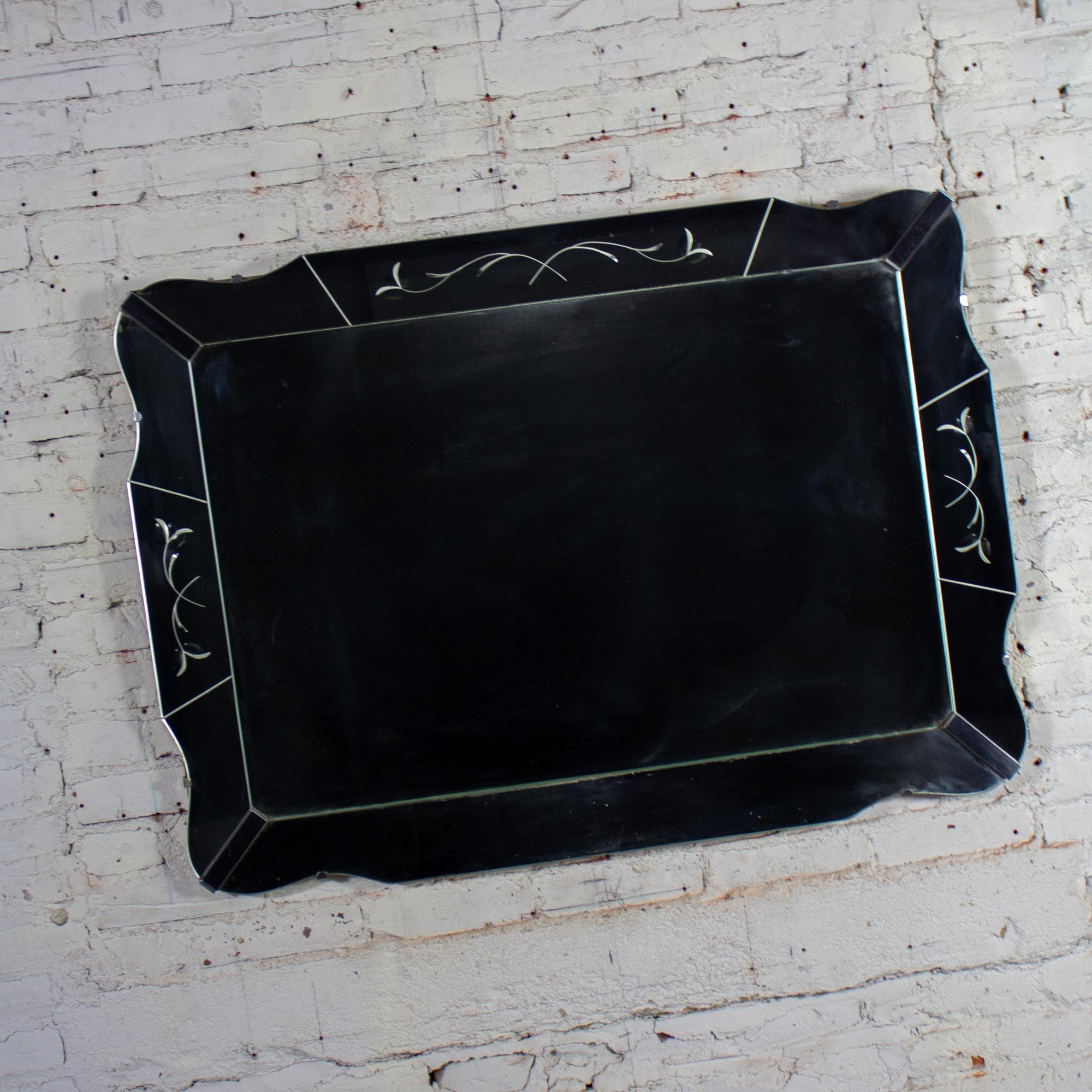 1930-1950’s Art Deco Large Wall Mirror Rectangular w/Curved Sides & Etched Venetian Glass