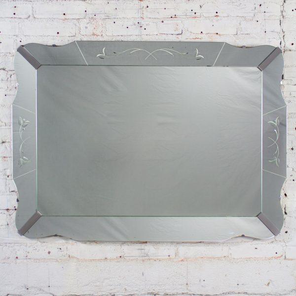 1930-1950’s Art Deco Large Wall Mirror Rectangular w/Curved Sides & Etched Venetian Glass