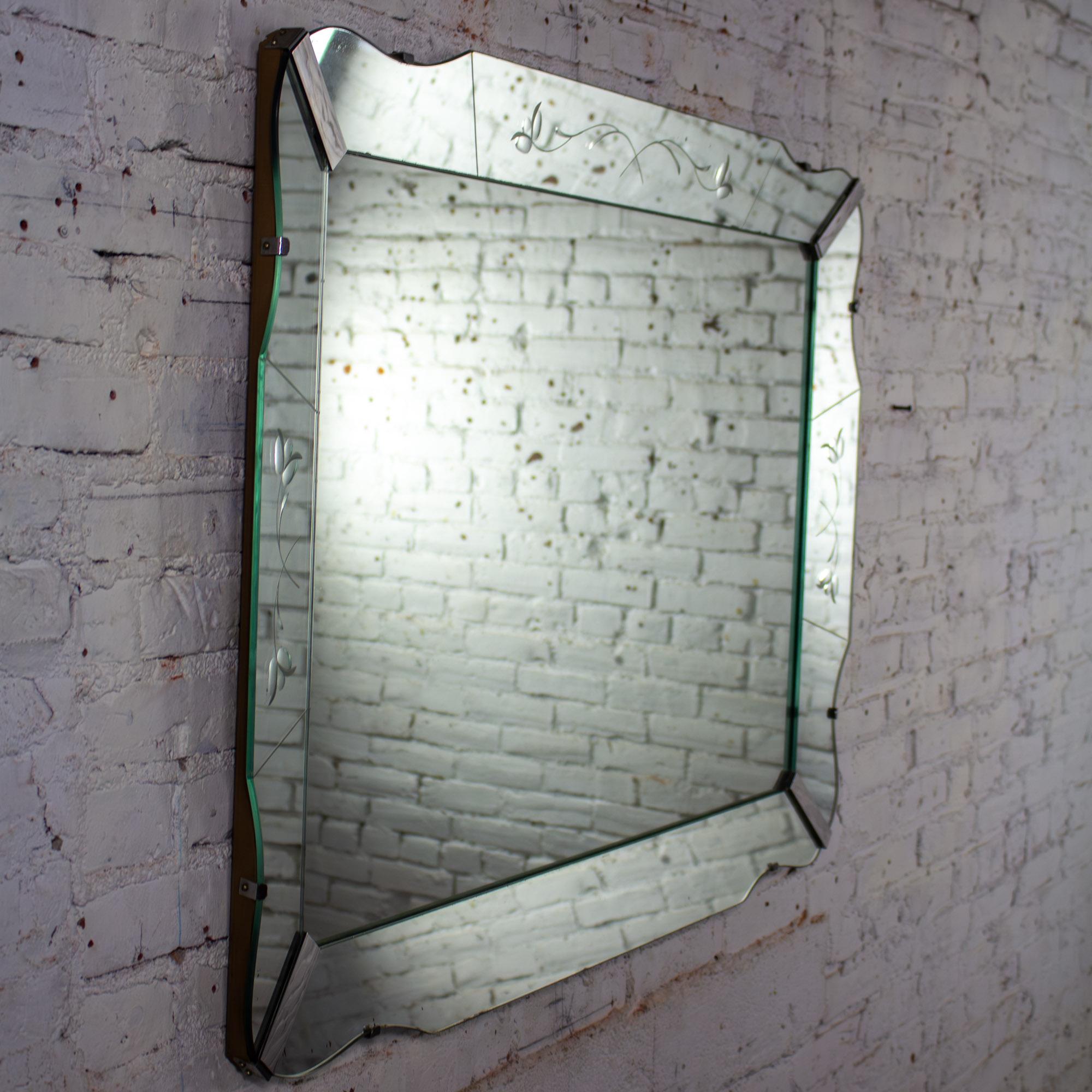 1930-1950’s Art Deco Large Wall Mirror Rectangular w/Curved Sides & Etched Venetian Glass