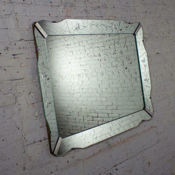 1930-1950’s Art Deco Large Wall Mirror Rectangular w/Curved Sides & Etched Venetian Glass