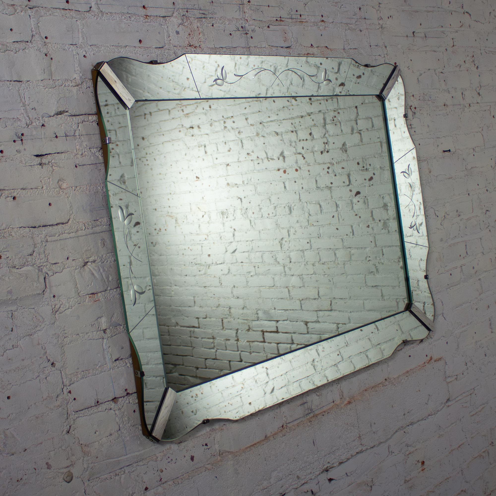 1930-1950’s Art Deco Large Wall Mirror Rectangular w/Curved Sides & Etched Venetian Glass