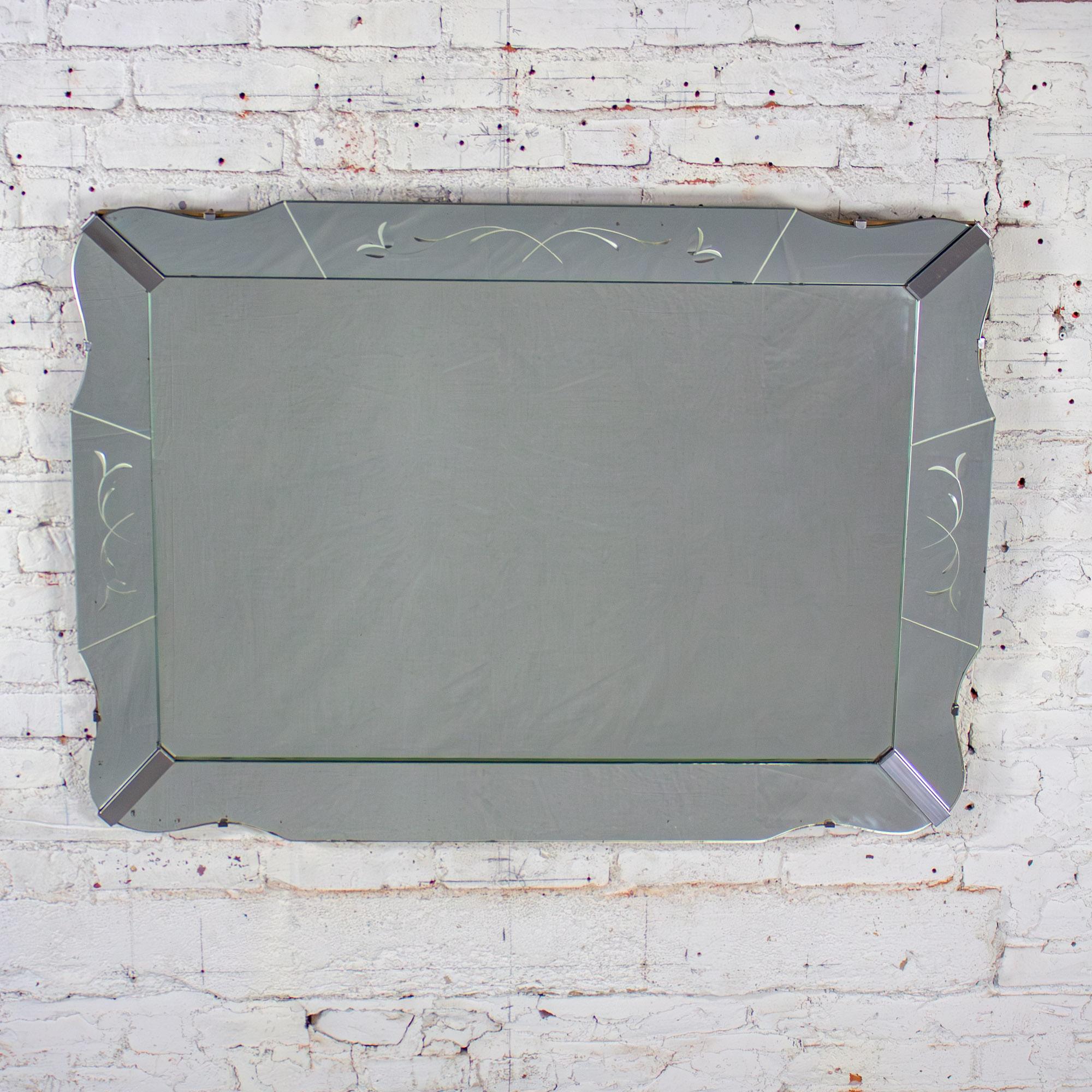 1930-1950’s Art Deco Large Wall Mirror Rectangular w/Curved Sides & Etched Venetian Glass
