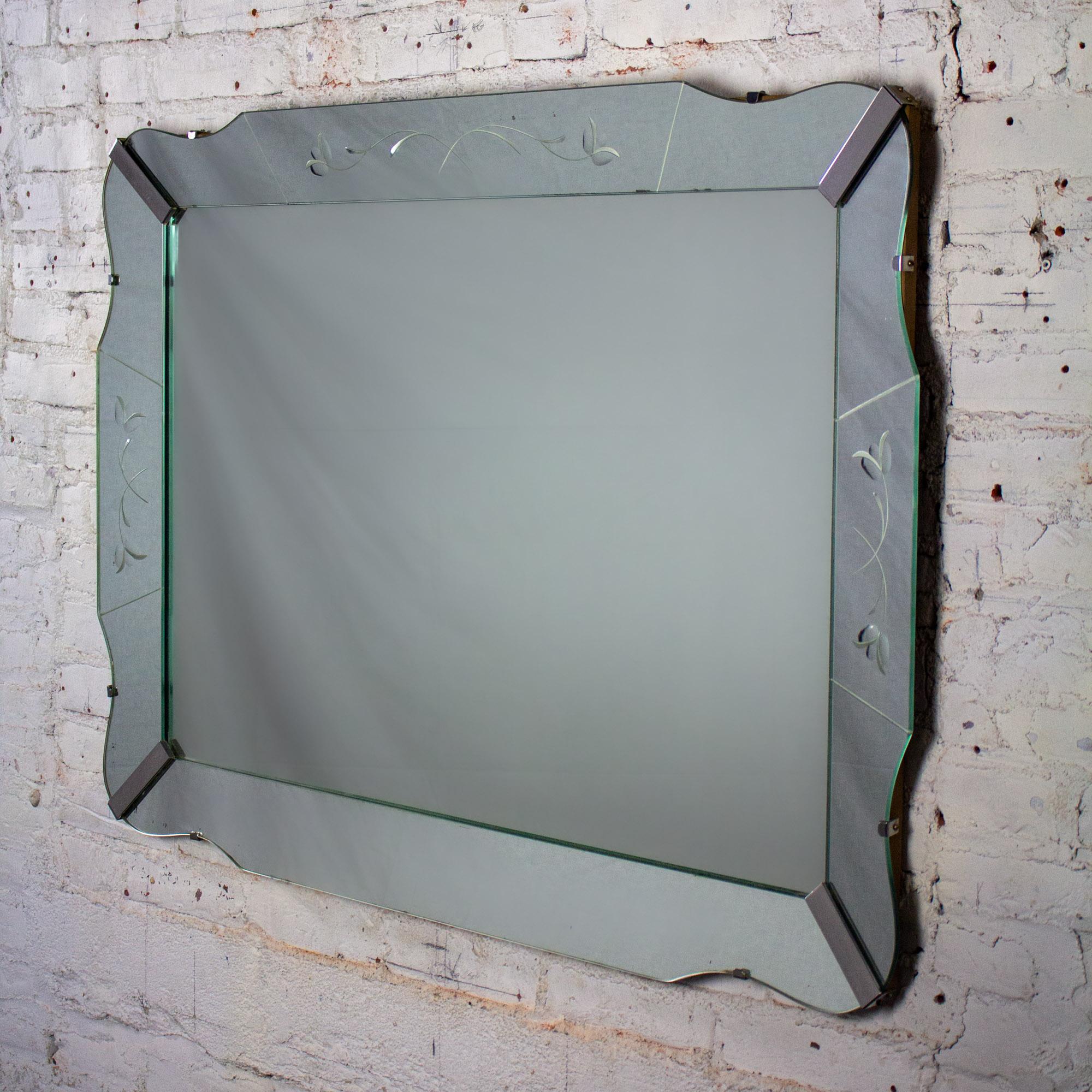 1930-1950’s Art Deco Large Wall Mirror Rectangular w/Curved Sides & Etched Venetian Glass