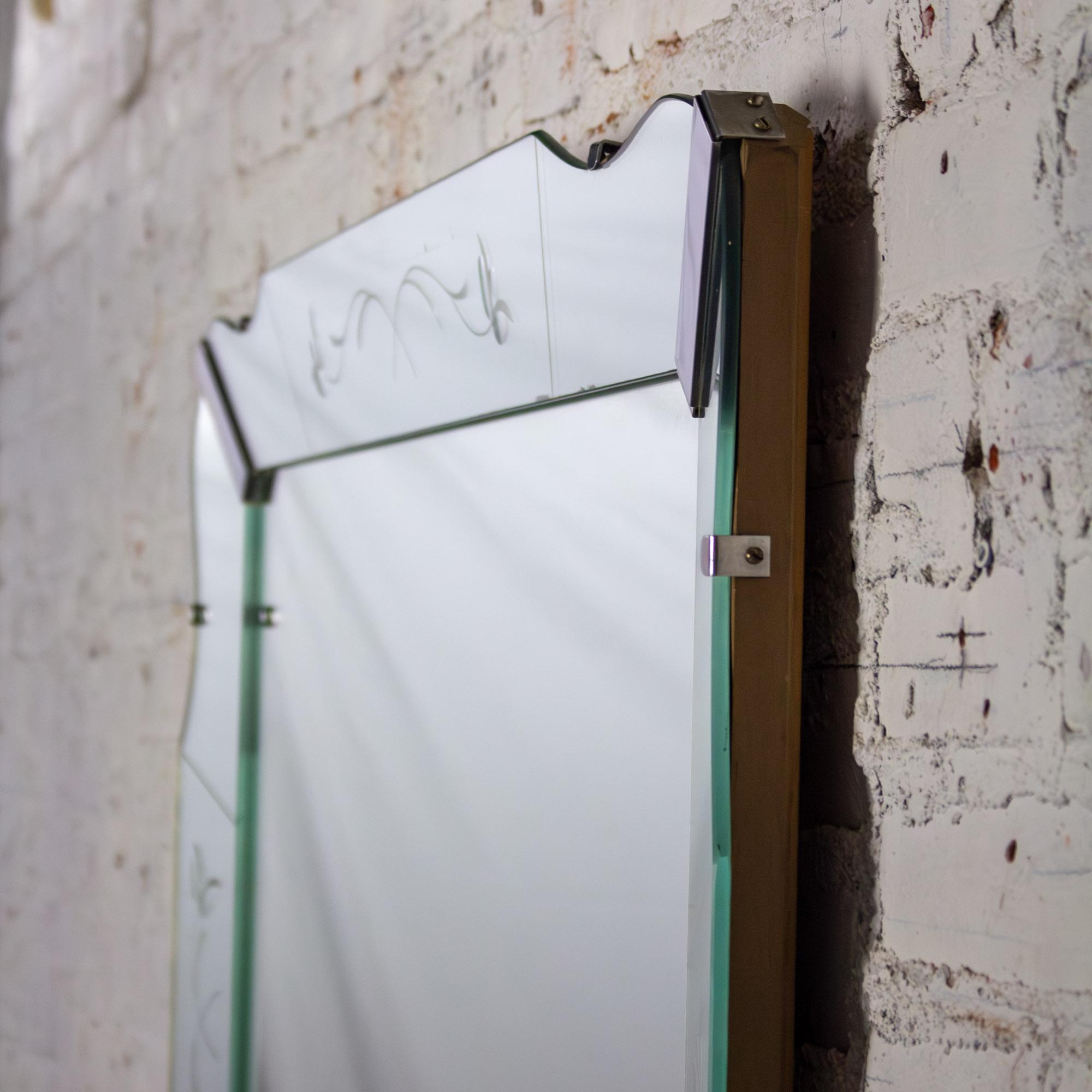 1930-1950’s Art Deco Large Wall Mirror Rectangular w/Curved Sides & Etched Venetian Glass