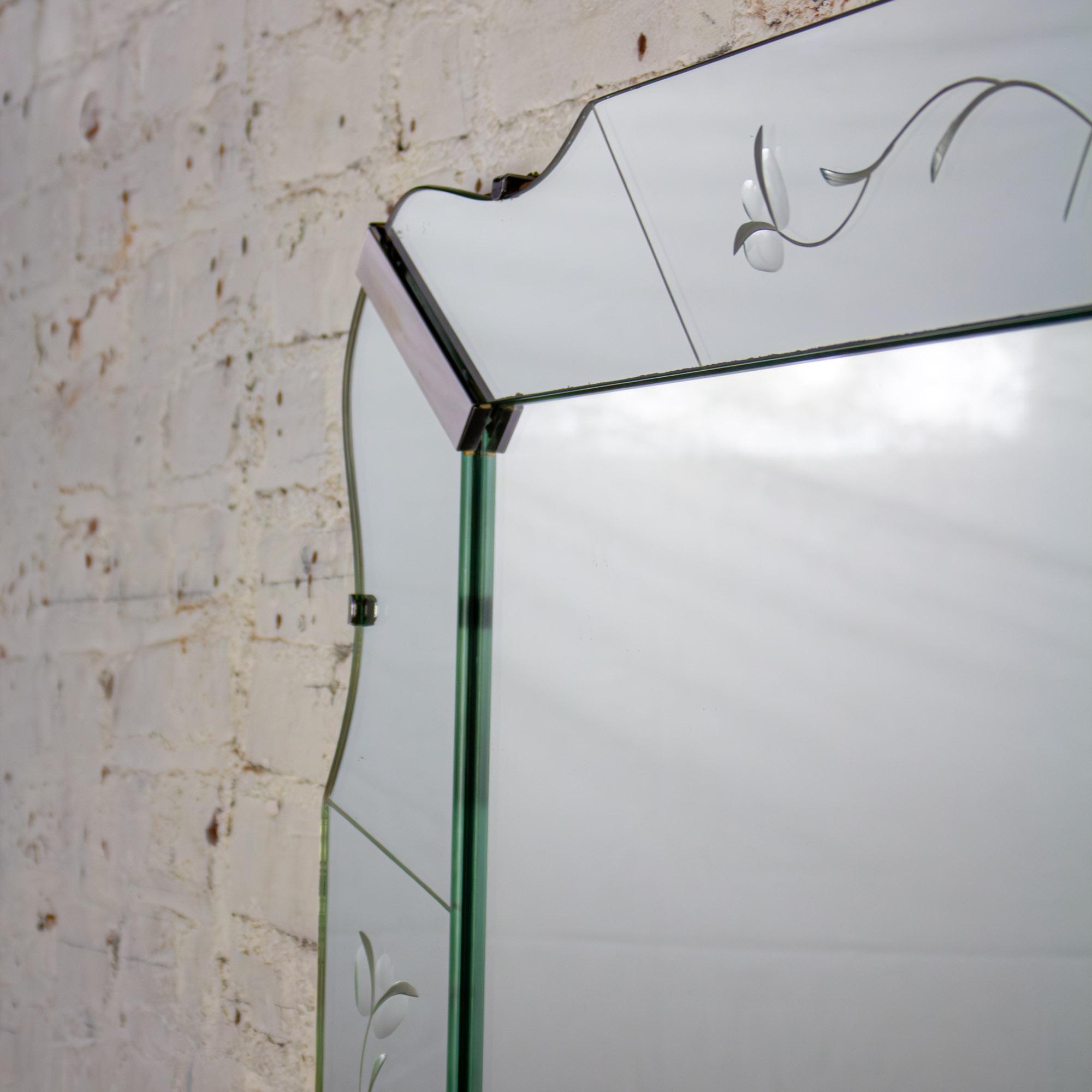 1930-1950’s Art Deco Large Wall Mirror Rectangular w/Curved Sides & Etched Venetian Glass
