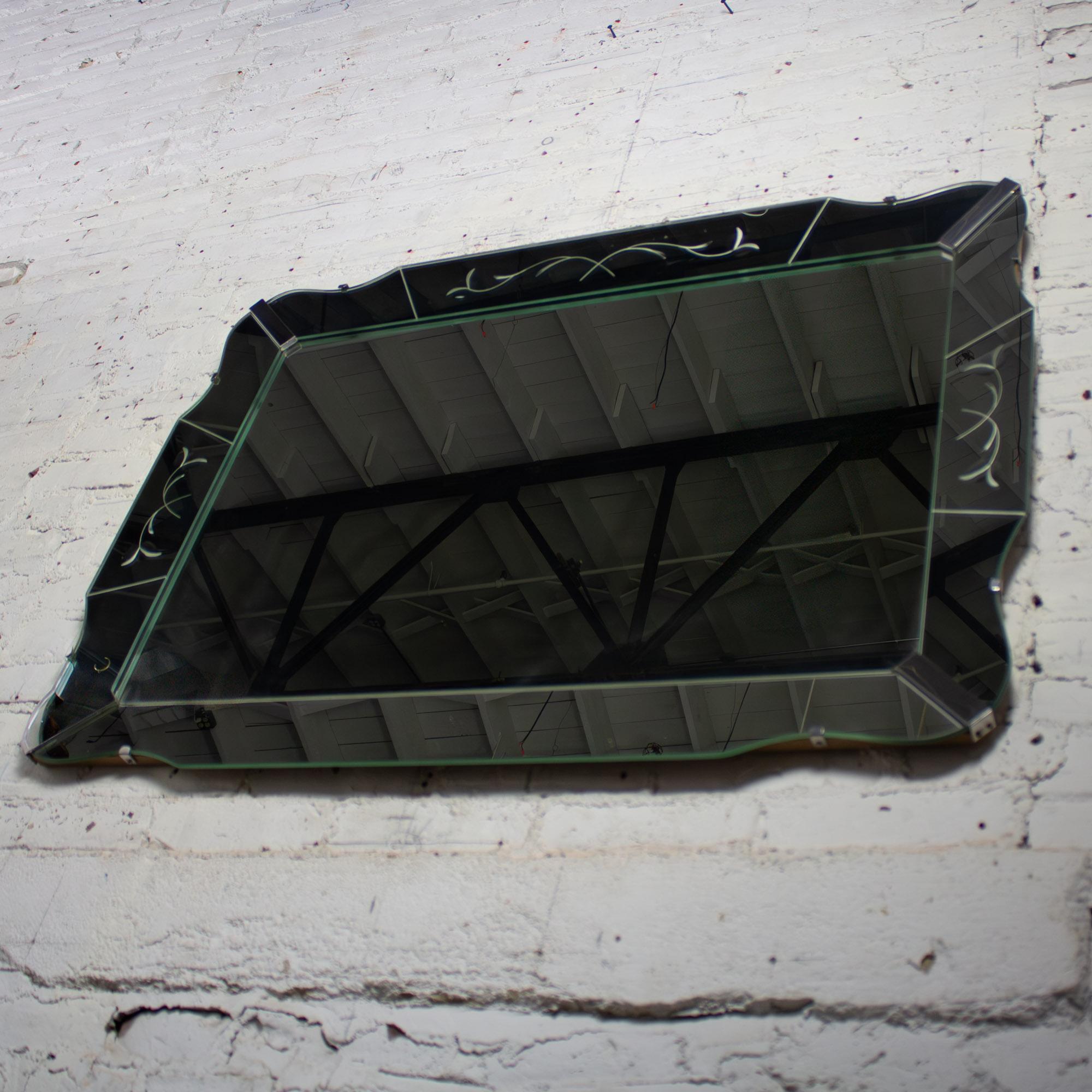 1930-1950’s Art Deco Large Wall Mirror Rectangular w/Curved Sides & Etched Venetian Glass